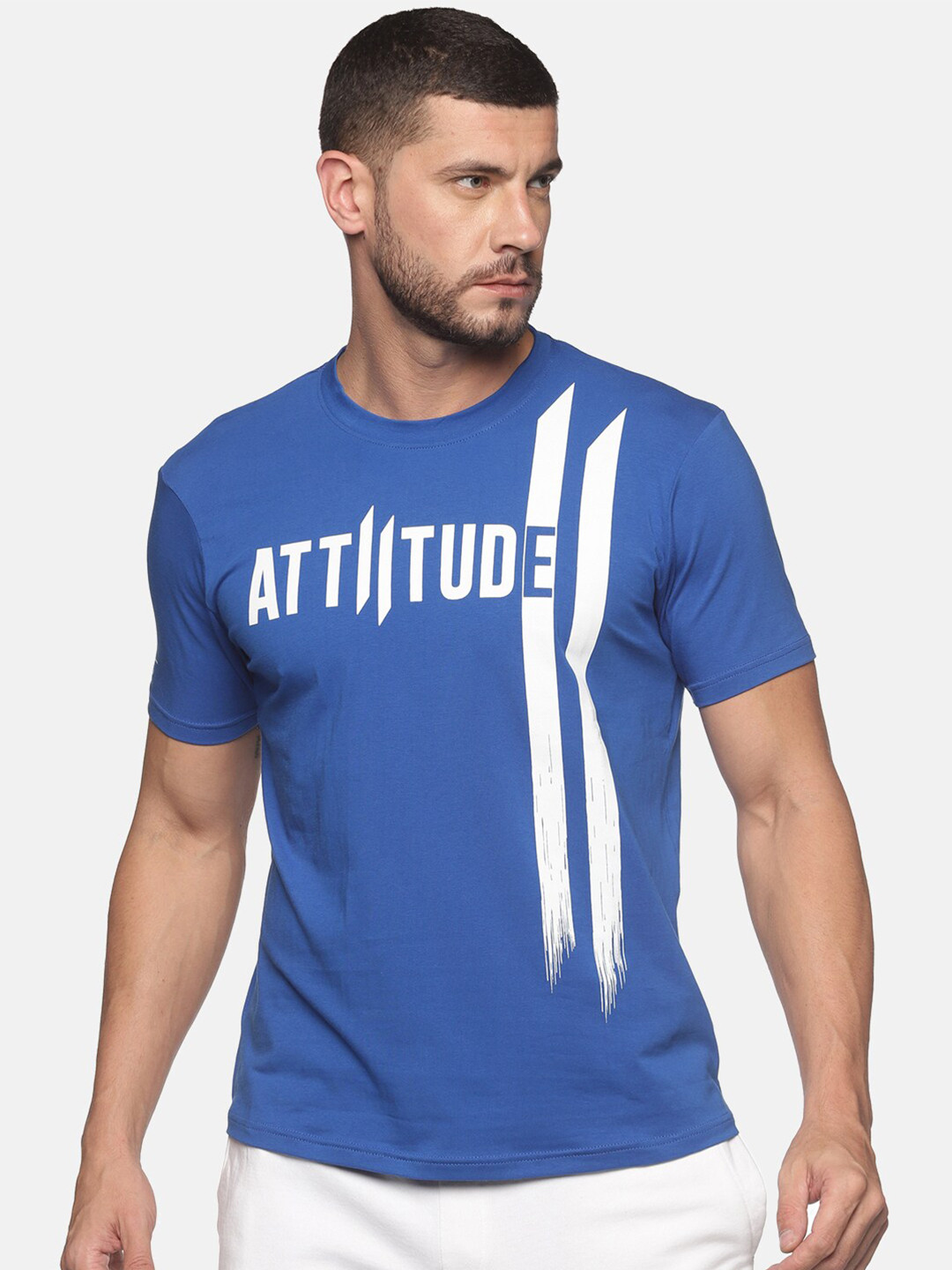 

ATTIITUDE Men Blue & White Brand Logo Printed ClimaCool Slim Fit T-shirt