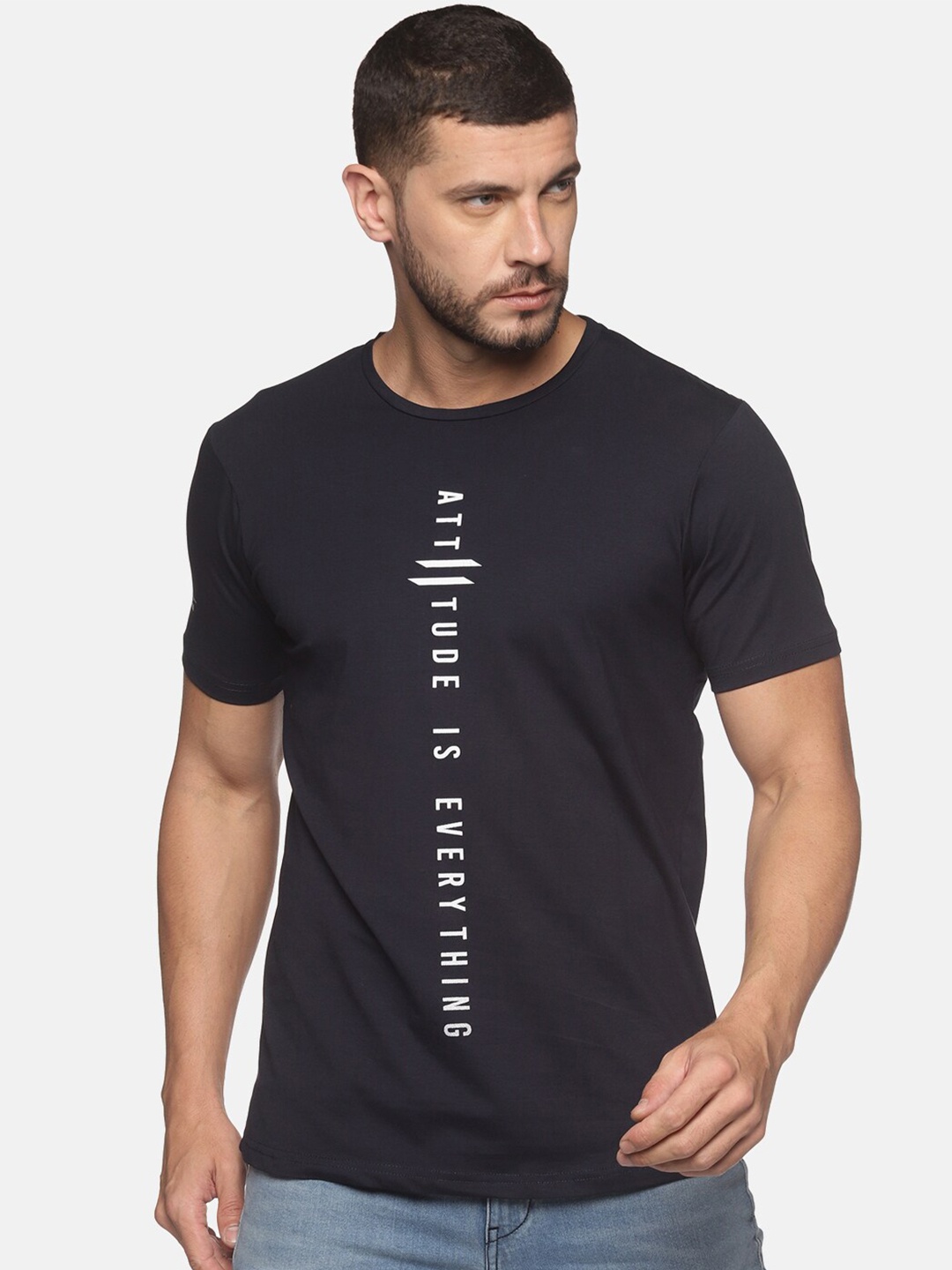 

ATTIITUDE Men Navy Blue Typography Printed Dri-FIT Pure Cotton Slim Fit T-shirt