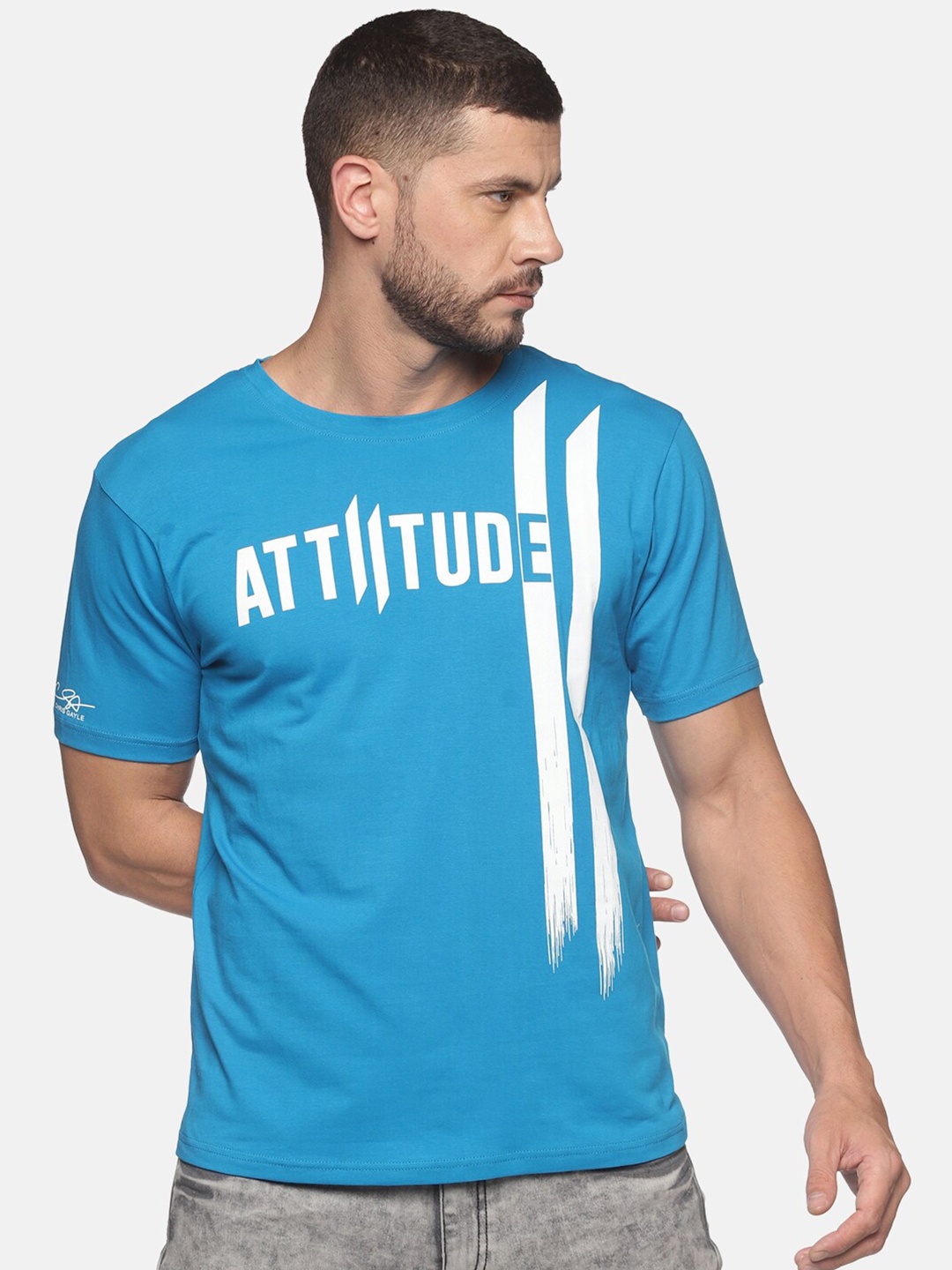 

ATTIITUDE Men Blue Typography Printed ClimaCool Slim Fit T-shirt