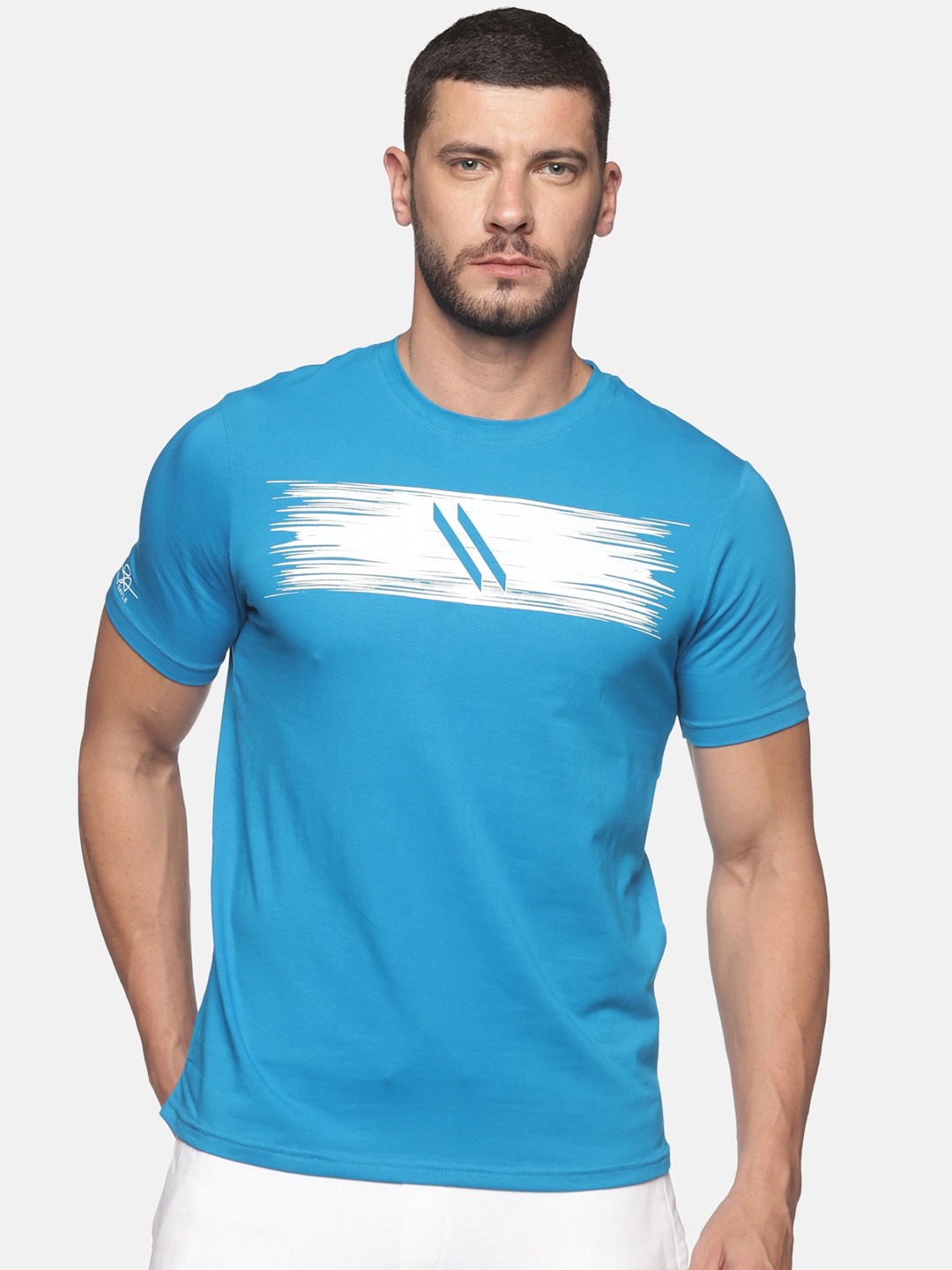 

ATTIITUDE Men Blue & White Brand Logo Printed ClimaCool Slim Fit T-shirt