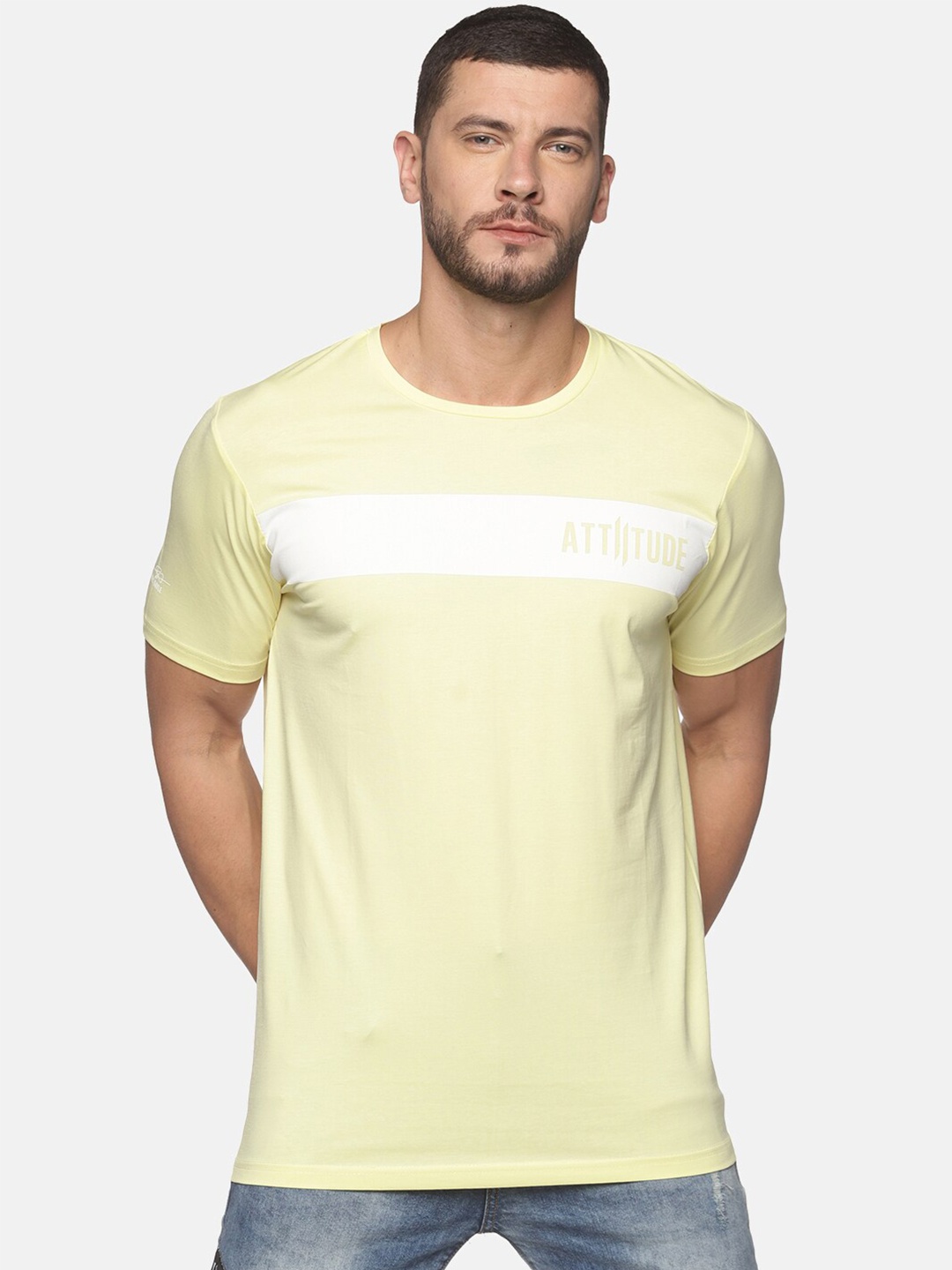 

ATTIITUDE Men Yellow & White Brand Logo Printed Dri-FIT Pure Cotton Slim Fit T-shirt