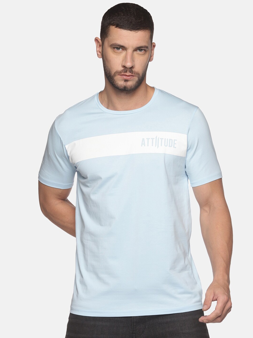 

ATTIITUDE Men Blue & White Brand Logo Printed Dri-FIT Pure Cotton Slim Fit T-shirt