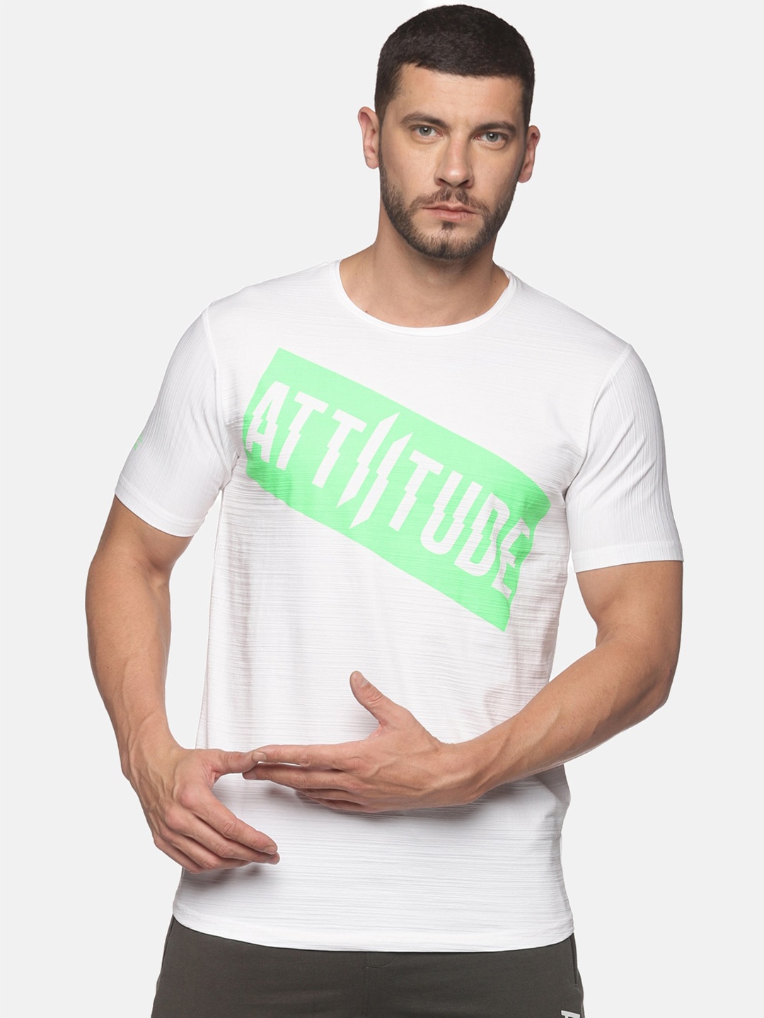 

ATTIITUDE Men White & Green Brand Logo Printed Dri-FIT Pure Cotton Slim Fit T-shirt