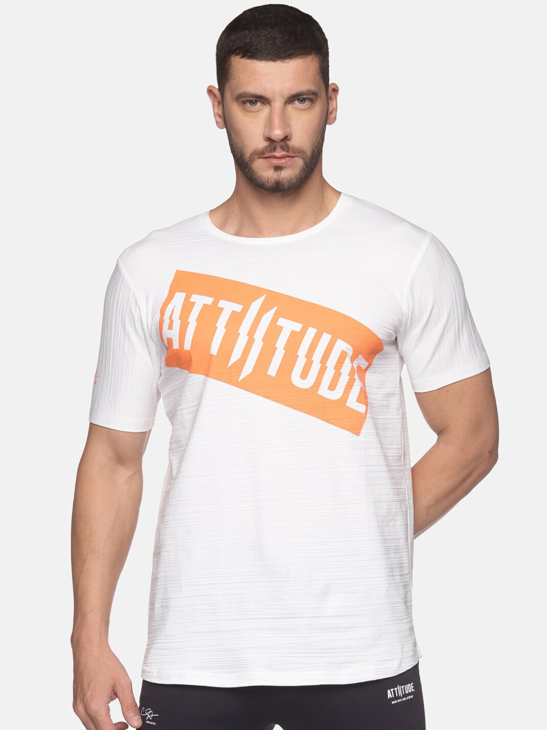 

ATTIITUDE Men White & Orange Brand Logo Printed Dri-FIT Pure Cotton Slim Fit T-shirt