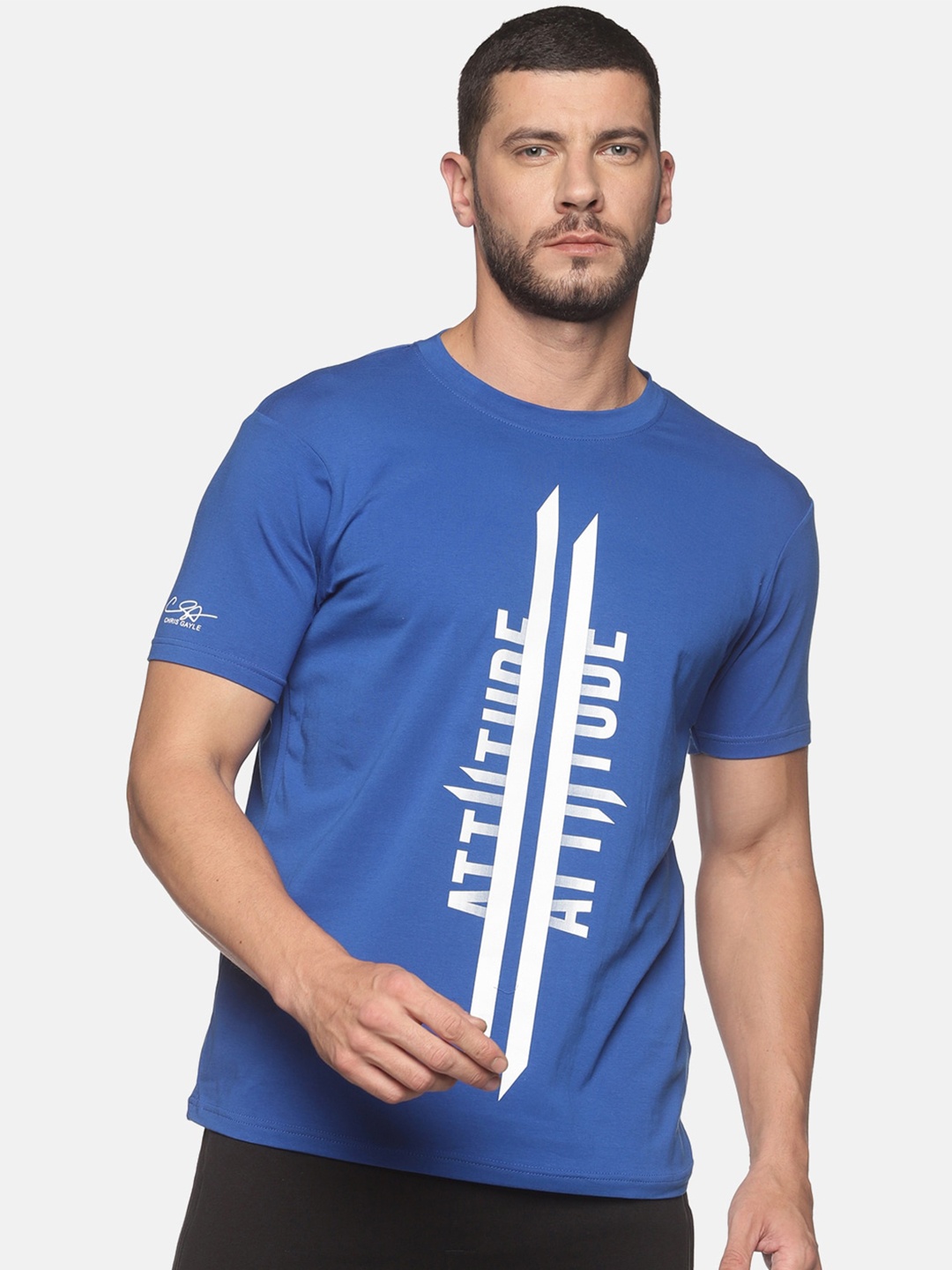 

ATTIITUDE Men Blue & White Brand Logo Printed ClimaCool Slim Fit T-shirt