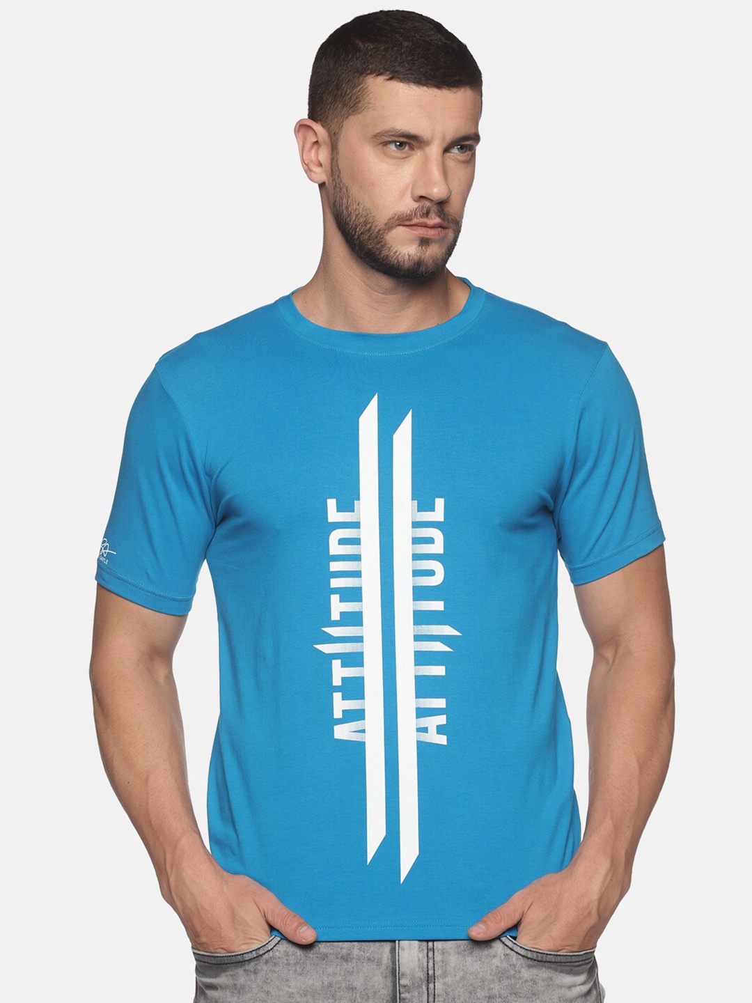 

ATTIITUDE Men Blue & White Brand Logo Printed ClimaCool Slim Fit T-shirt