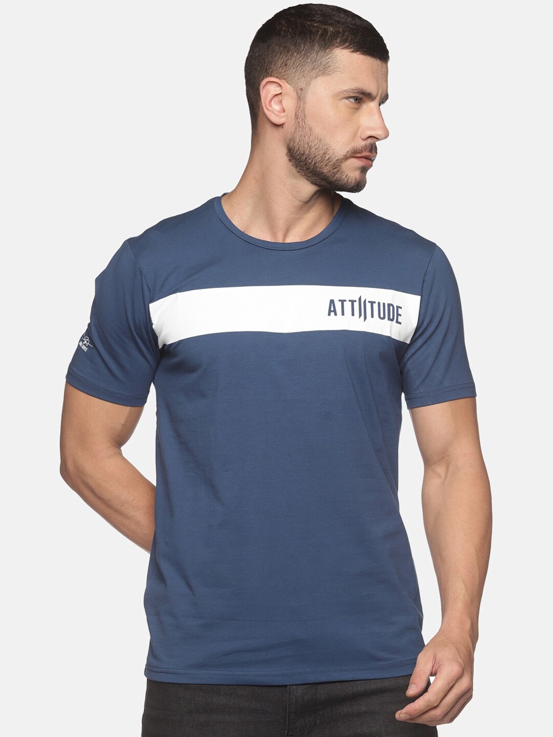 

ATTIITUDE Men Navy Blue & White Brand Logo Printed Dri-FIT Pure Cotton Slim Fit T-shirt