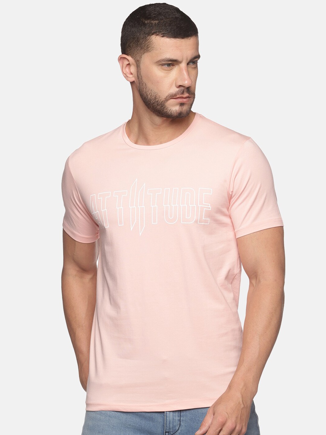

ATTIITUDE Men Peach-Coloured Typography Printed Dri-FIT Pure Cotton Slim Fit T-shirt