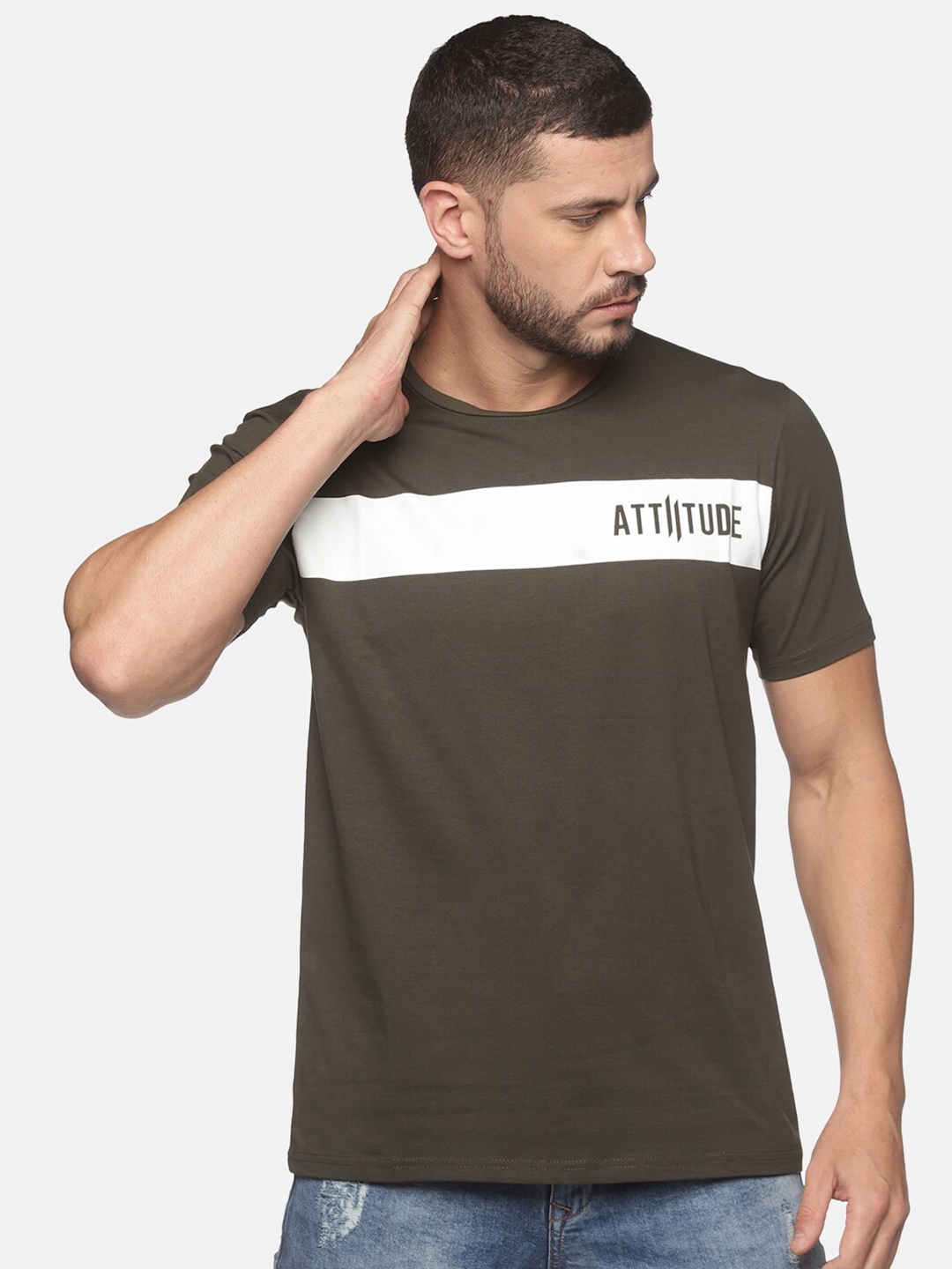 

ATTIITUDE Men Olive Green & White Brand Logo Colourblocked Dri-FIT Pure Cotton Slim Fit T-shirt