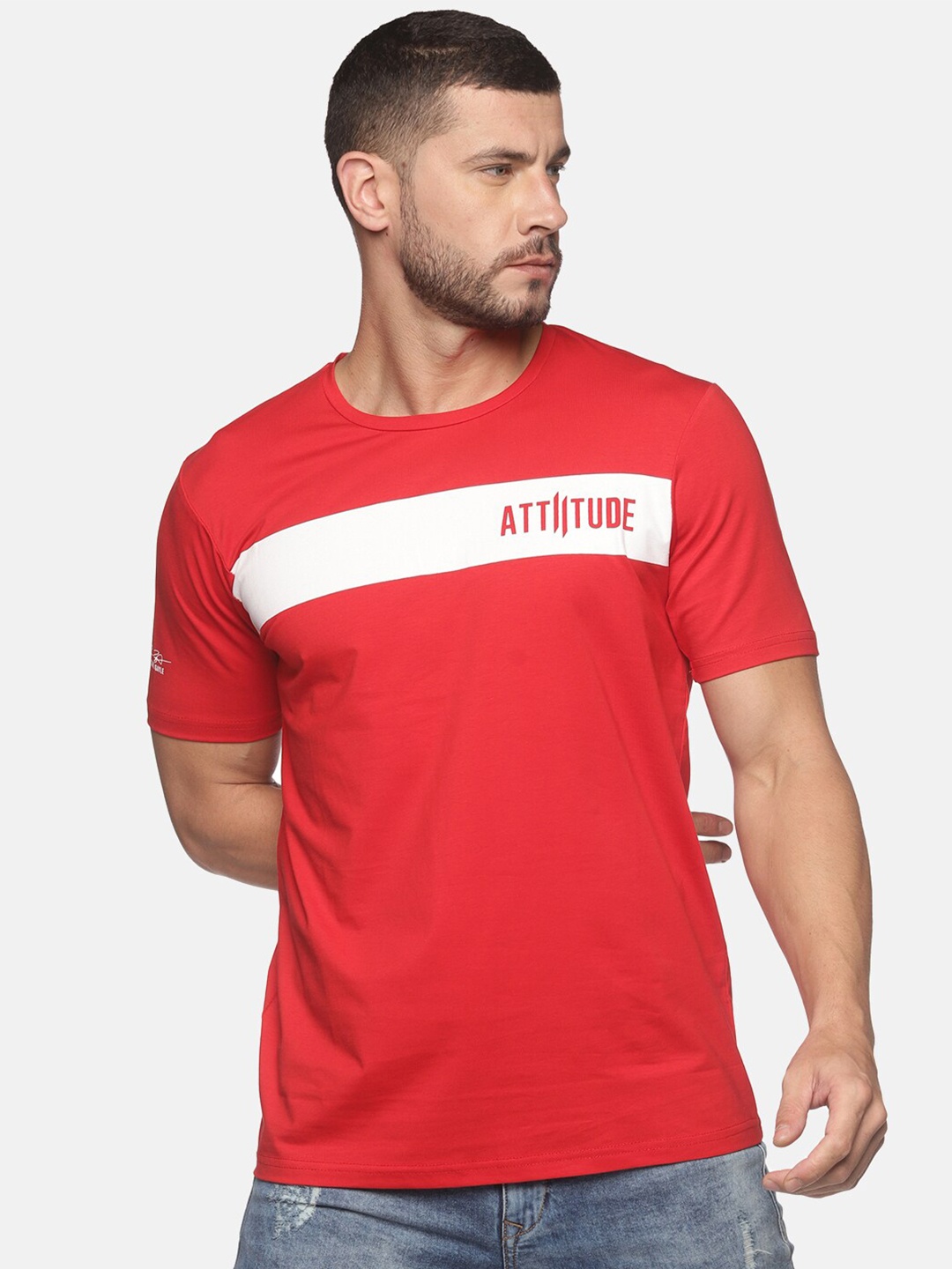 

ATTIITUDE Men Red Colourblocked Dri-FIT Slim Fit T-shirt