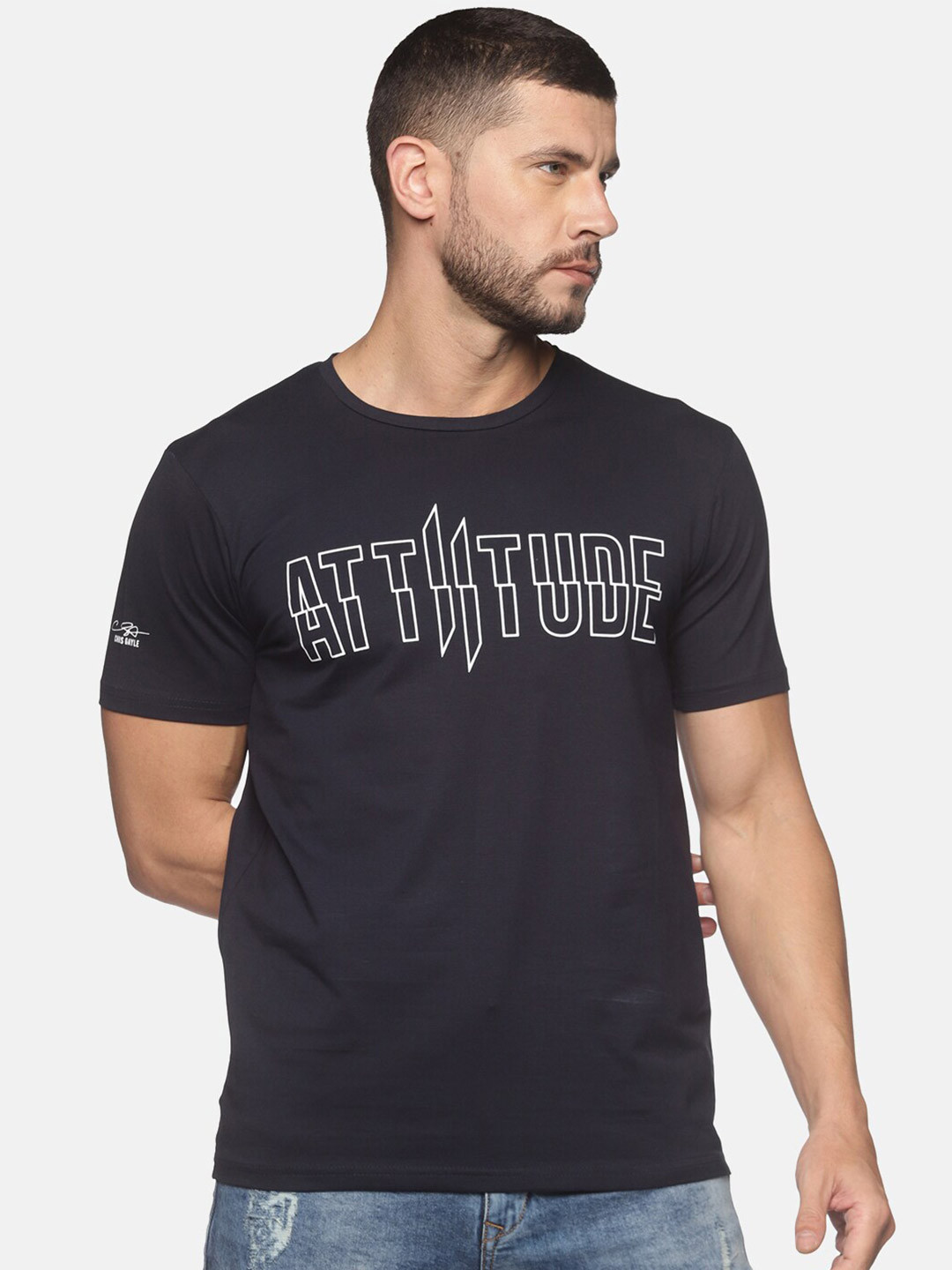 

ATTIITUDE Men Navy Blue Typography Printed Dri-FIT Slim Fit T-shirt