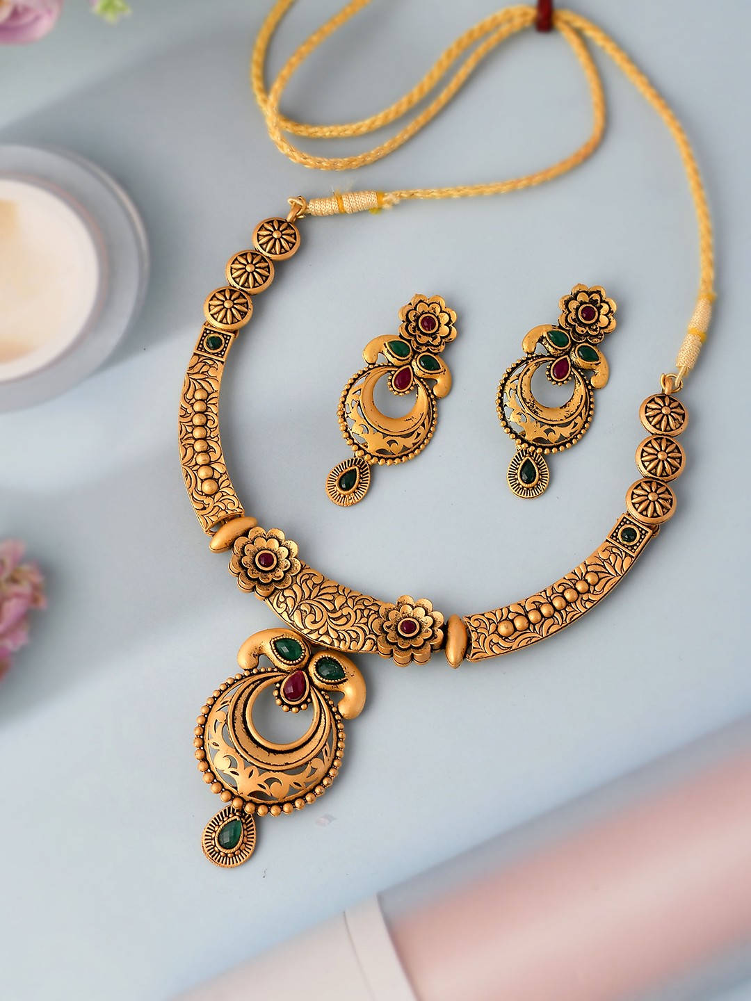 

Silvermerc Designs Gold-Plated Green & Pink Temple Jewellery Set
