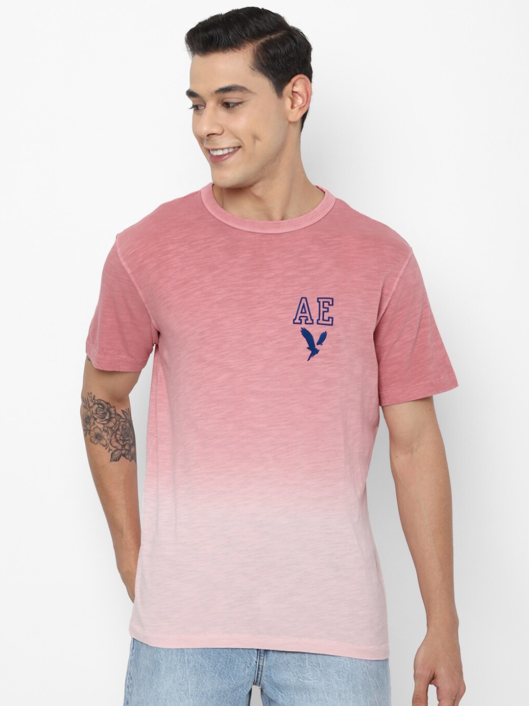 

AMERICAN EAGLE OUTFITTERS Men Pink Tie and Dye Printed Pure Cotton T-shirt