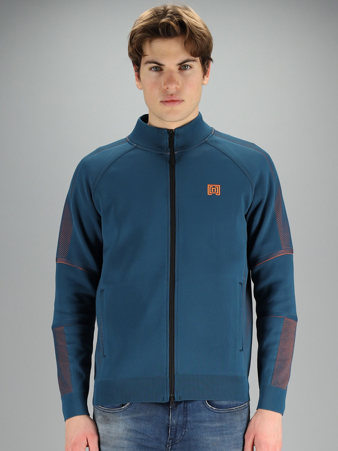 

FREESOUL Men Teal Blue & Orange Solid Sweatshirt