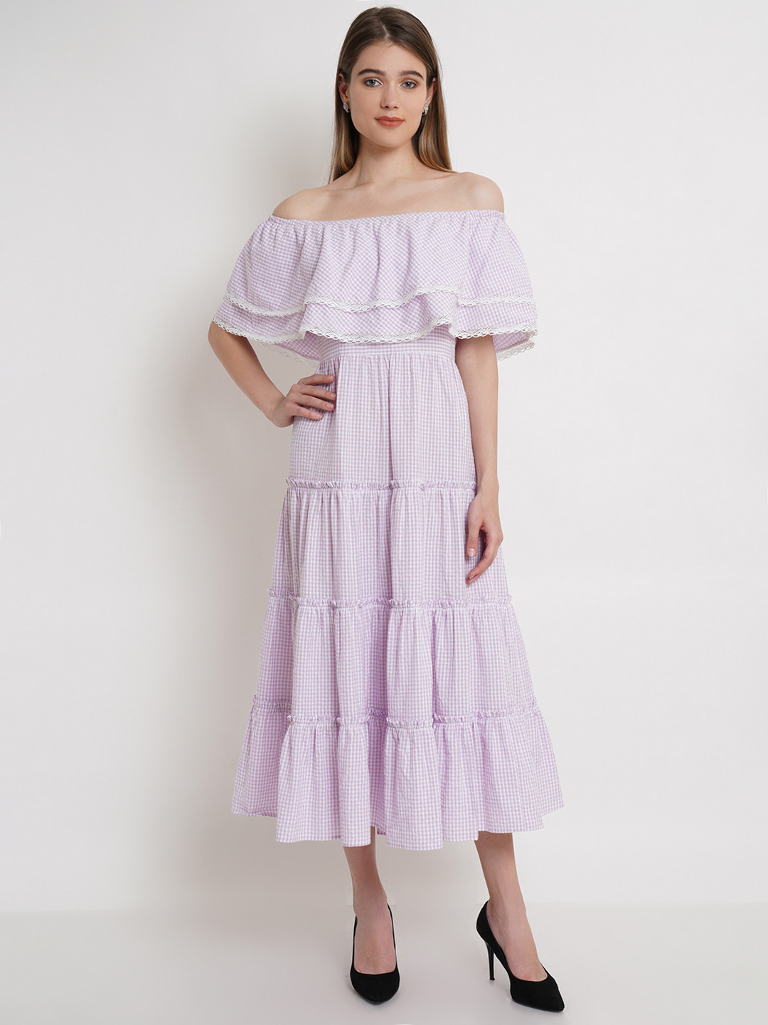 

Purple State Purple & White Checked Off-Shoulder Tiered Cotton Maxi Dress