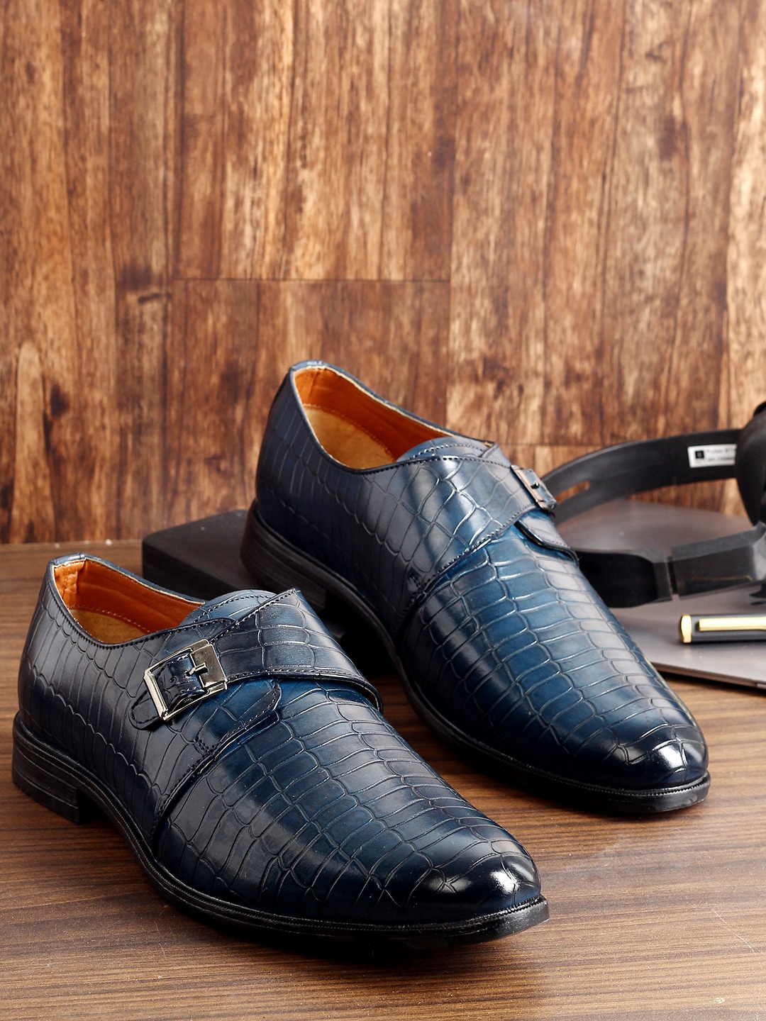 

MUTAQINOTI Men Blue Textured Formal Monk Shoes