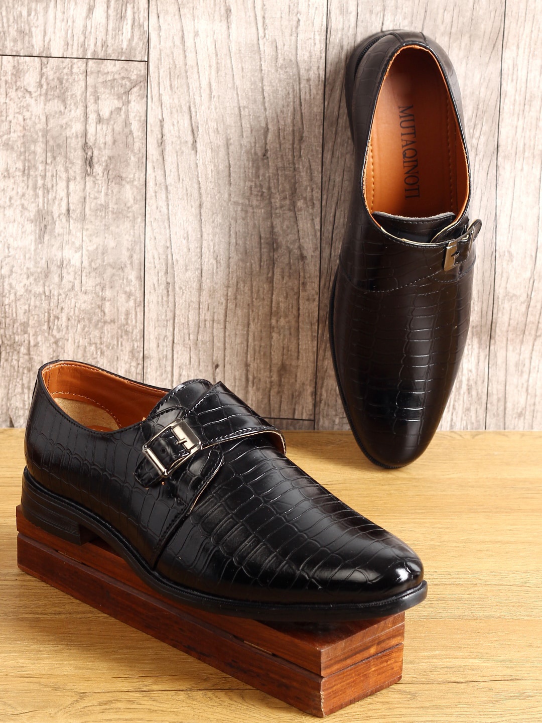 

MUTAQINOTI Men Black Textured Formal Monks Shoes