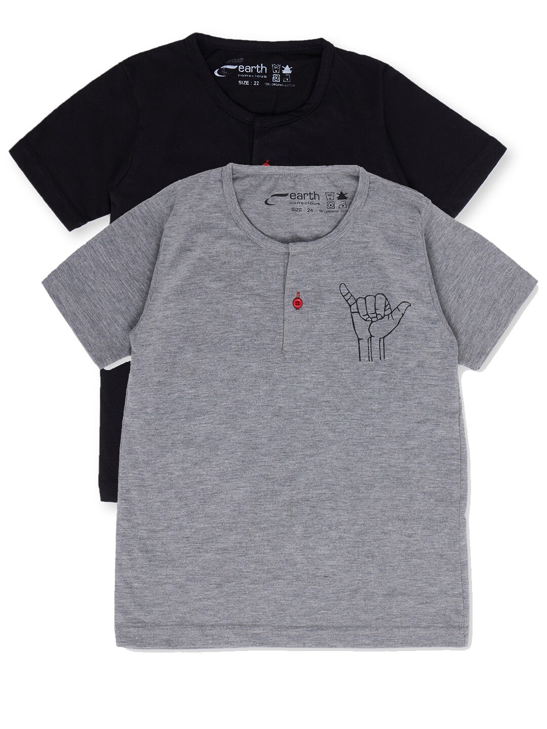 

earth conscious Boys Grey & Black Set Of 2 Henley Neck Pure Cotton T-shirt