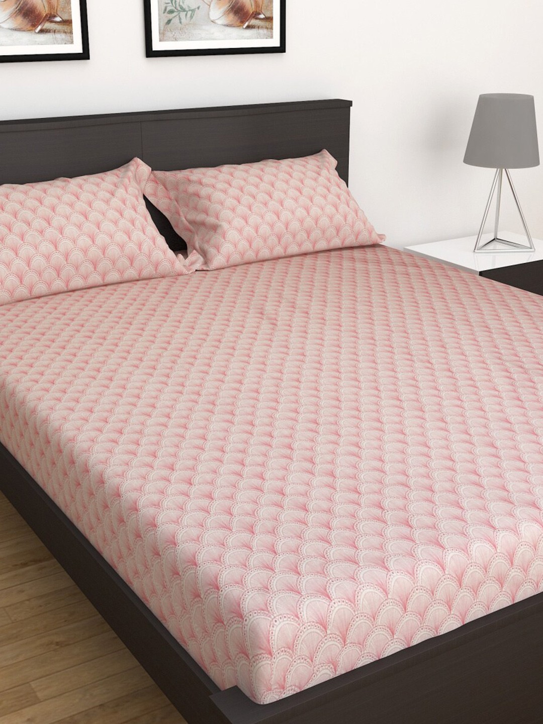 

Home Centre 152 TC My Bedding Printed Cotton King Fitted Bedsheet with 2 Pillow Covers, Pink