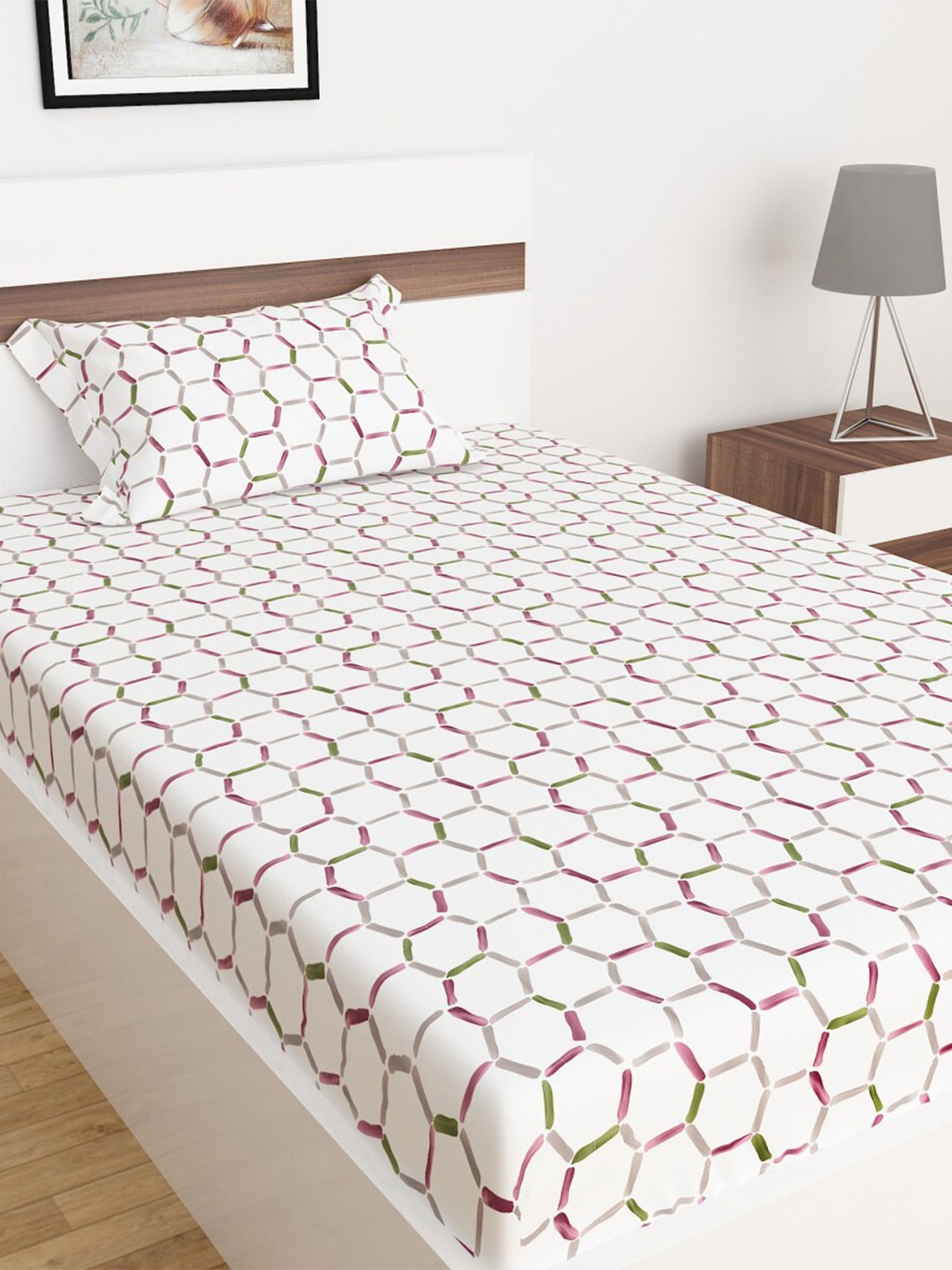 

Home Centre 152 TC My Bedding Honeycomb Printed Single Bedsheet with 1 Pillow Cover, White