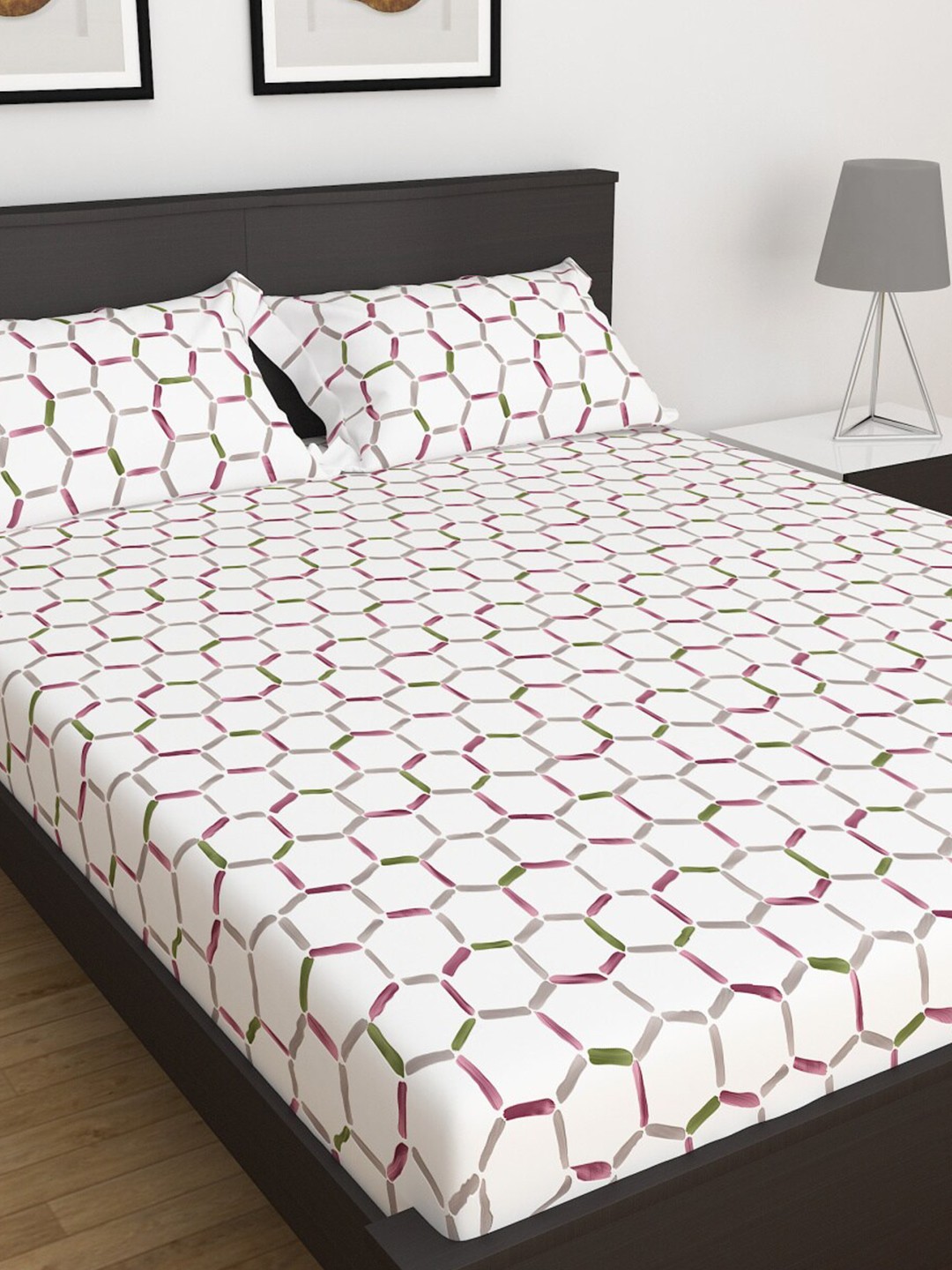 

Home Centre White & Pink Geometric 152 TC King Bedsheet with 2 Pillow Covers