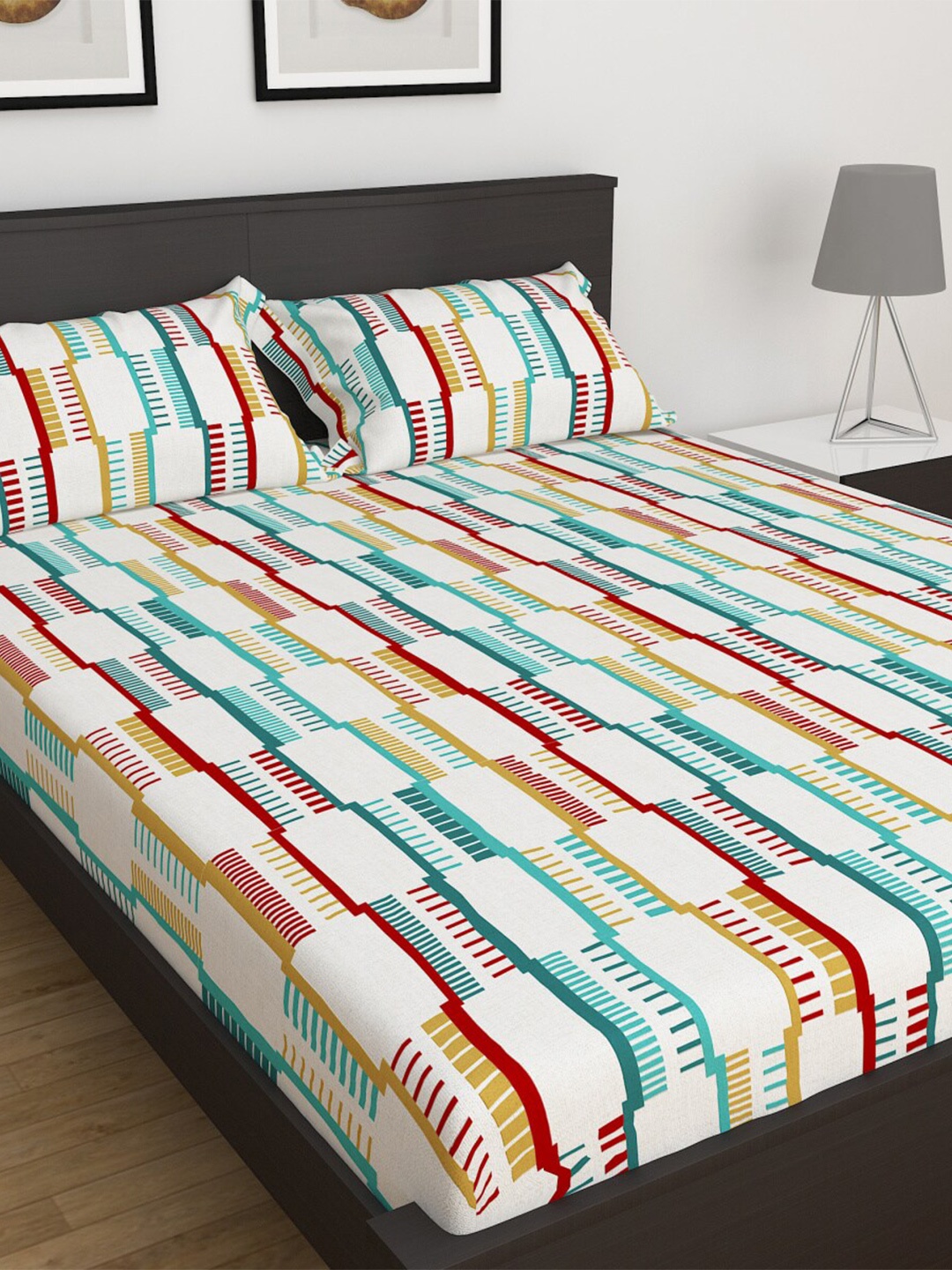

Home Centre 152 TC My Bedding Printed Cotton Queen Fitted Bedsheet with 2 Pillow Covers, White