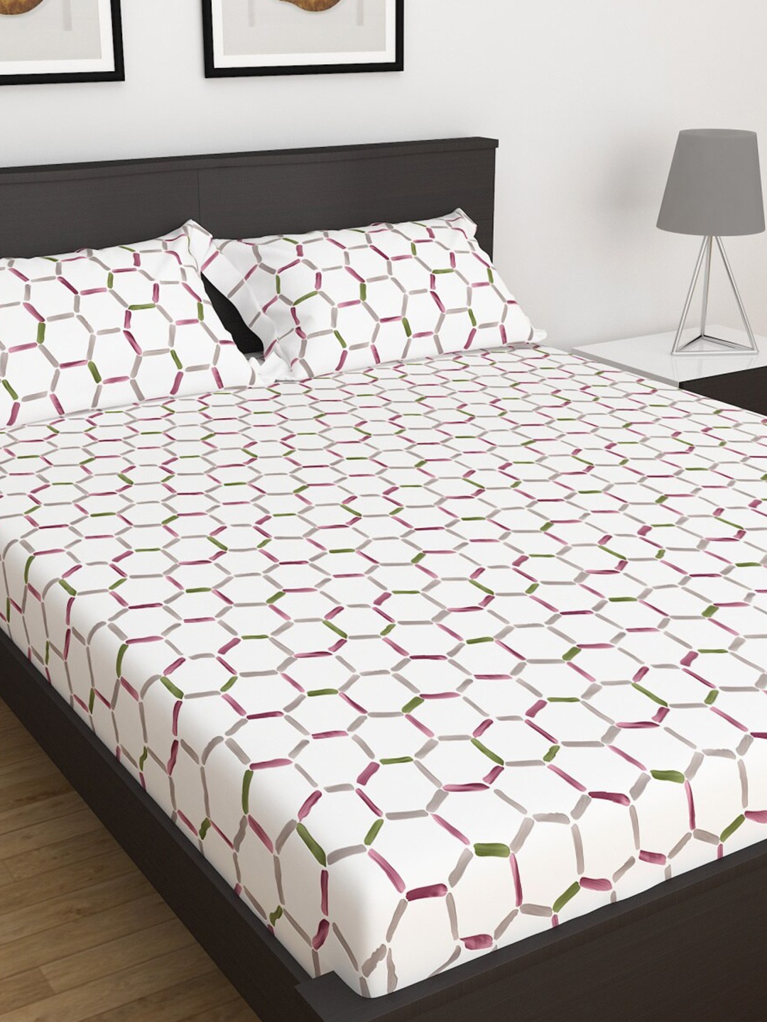 

Home Centre White & Pink Geometric 152 TC King Bedsheet with 2 Pillow Covers