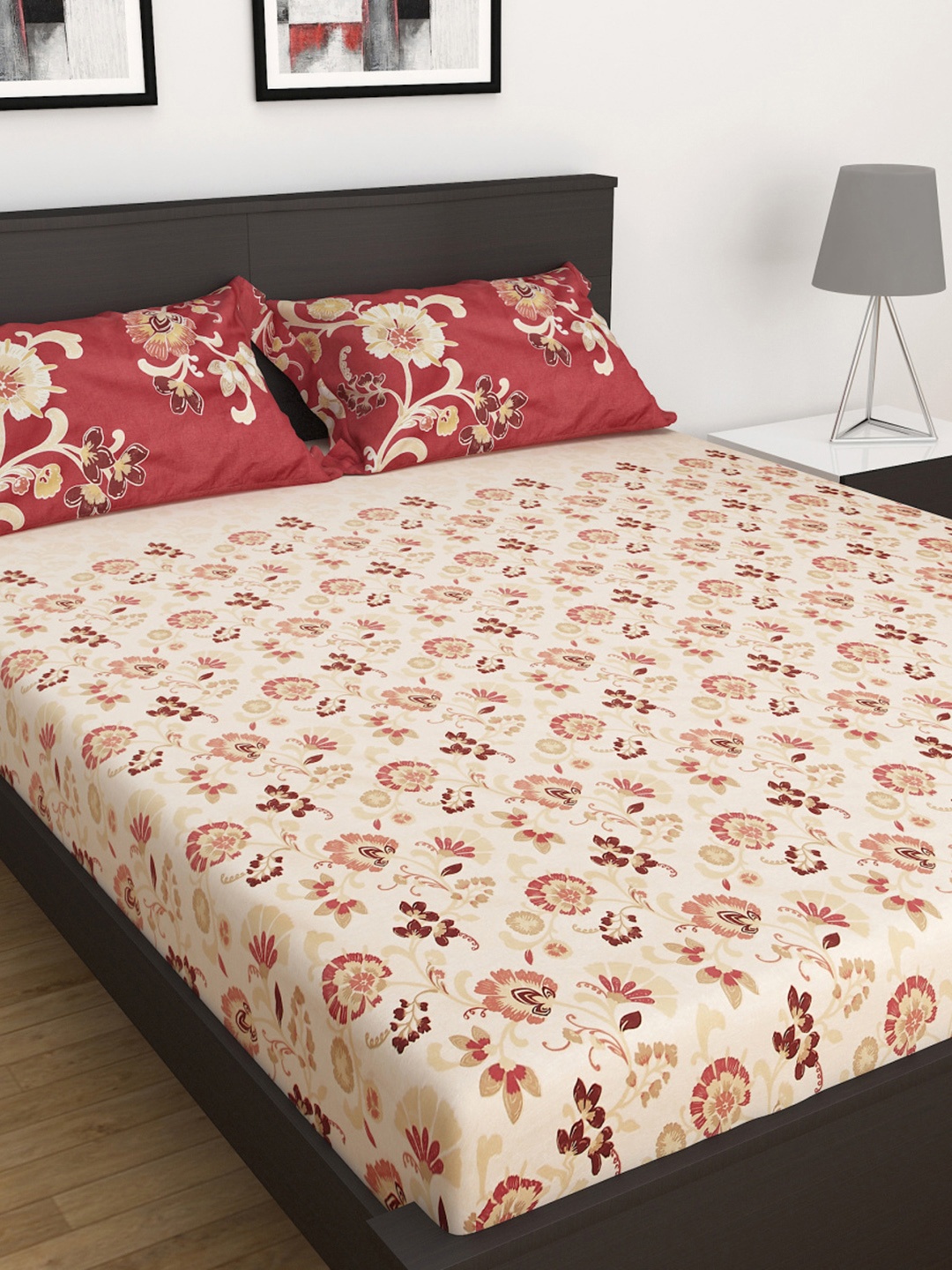 

Home Centre Cream-Coloured & Red Floral 152 TC Single Bedsheet with 2 Pillow Covers