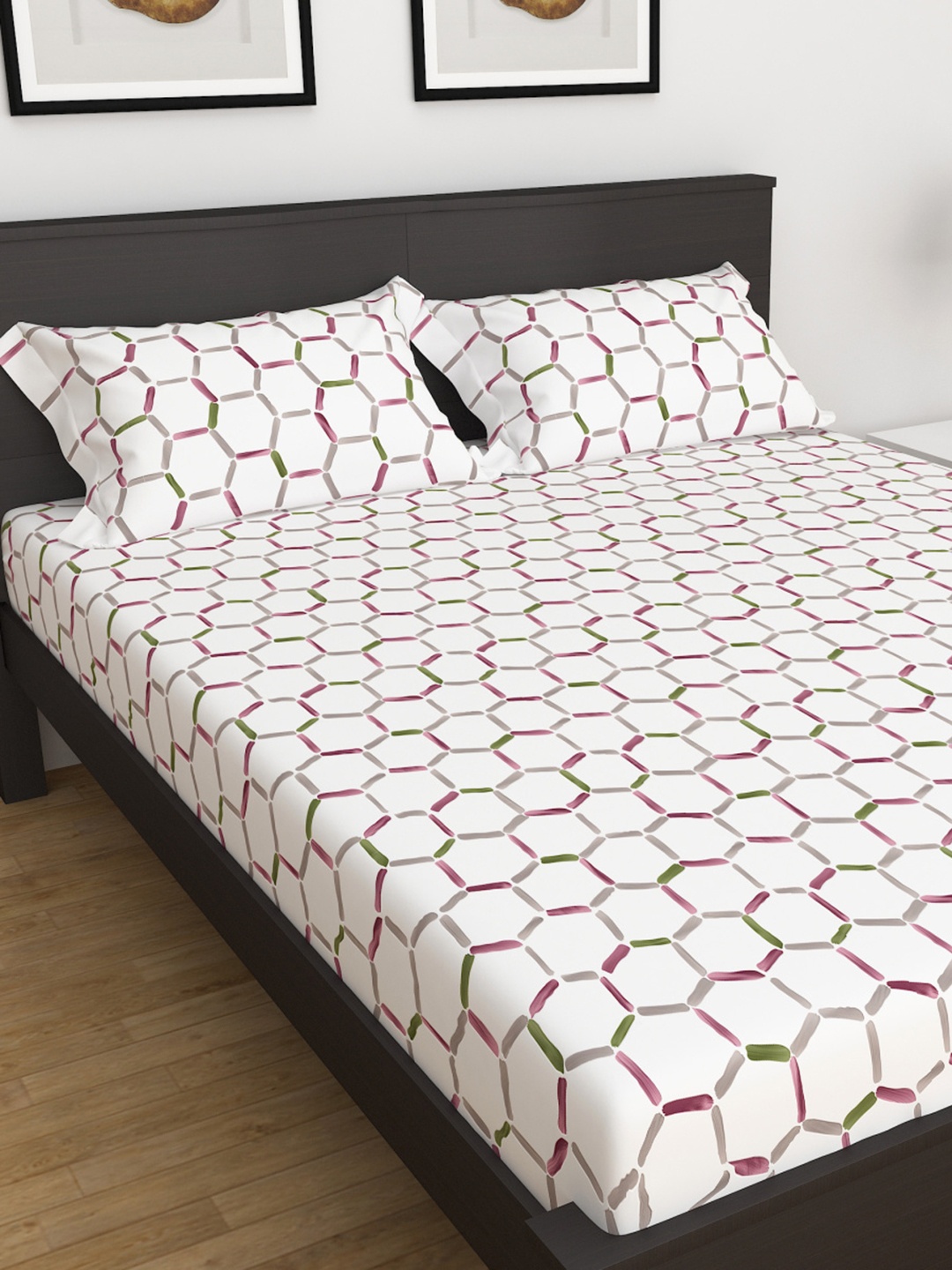 

Home Centre White & Pink Geometric 152 TC Queen Bedsheet with 2 Pillow Covers
