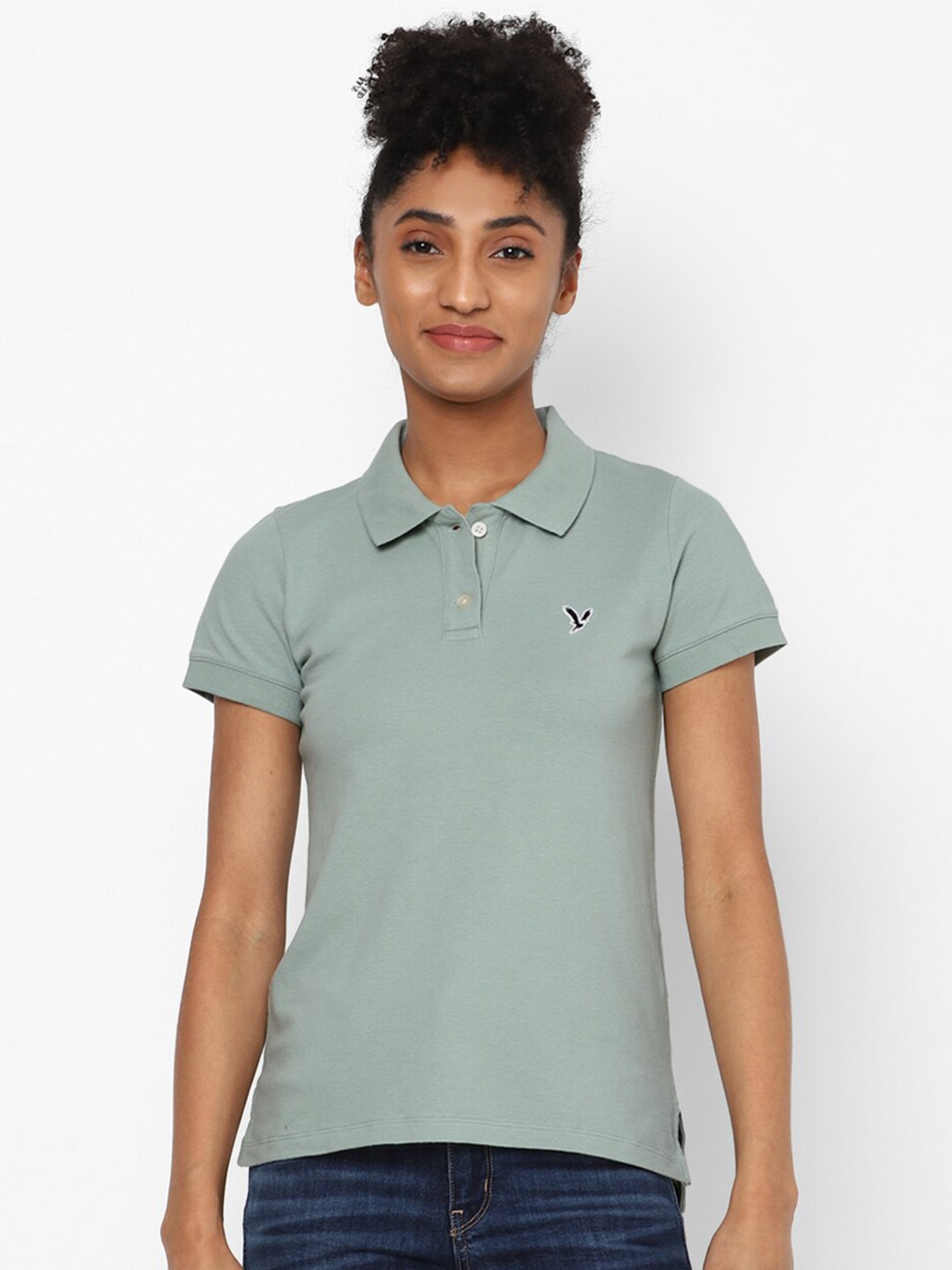 

AMERICAN EAGLE OUTFITTERS Women Green Polo Collar T-shirt