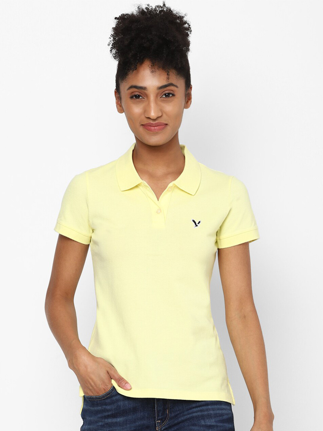 

AMERICAN EAGLE OUTFITTERS Women Yellow Polo Collar T-shirt
