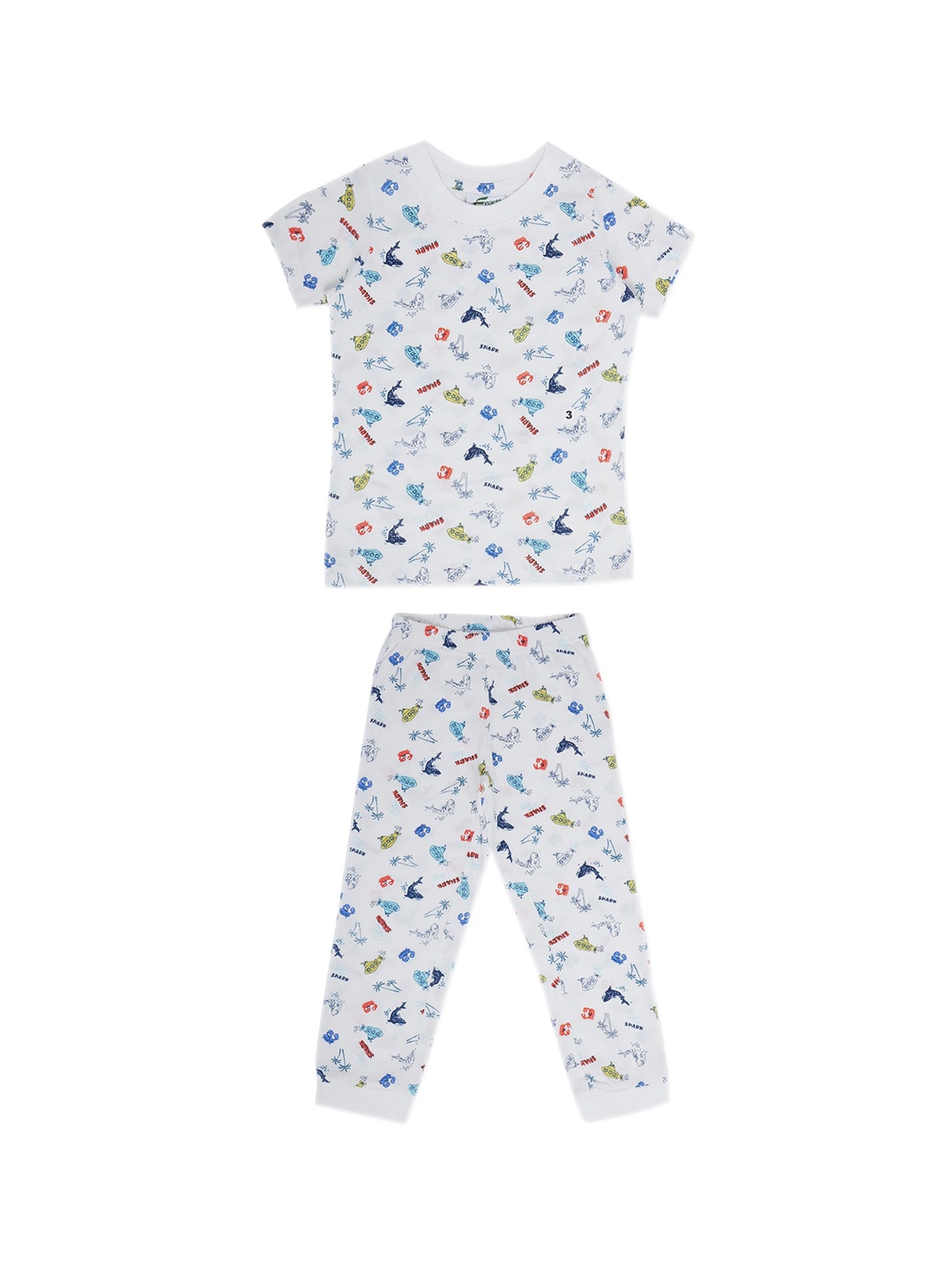 

earth conscious Boys White & Red Printed Cotton Night suit