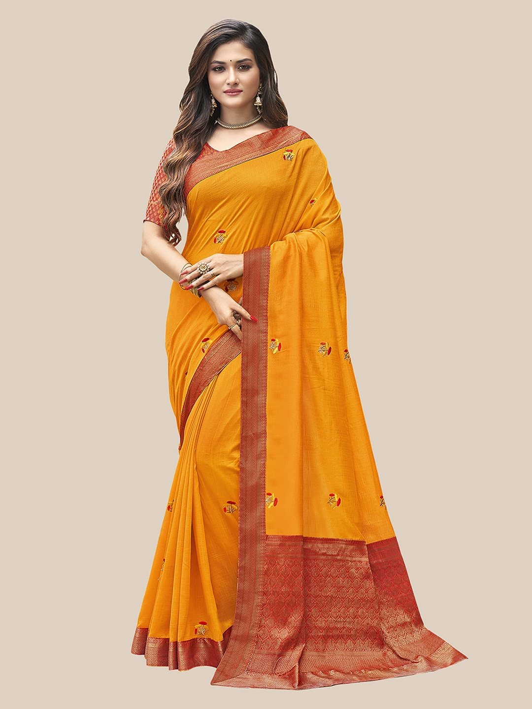 

UNITED LIBERTY Orange & Red Floral Embroidered Art Silk Block Print Saree