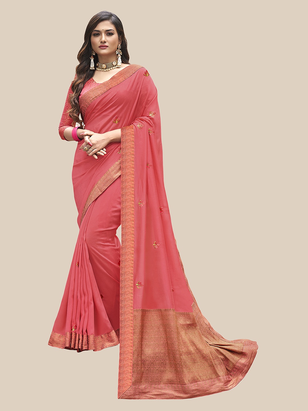

UNITED LIBERTY Pink & Gold-Toned Floral Embroidered Art Silk Saree