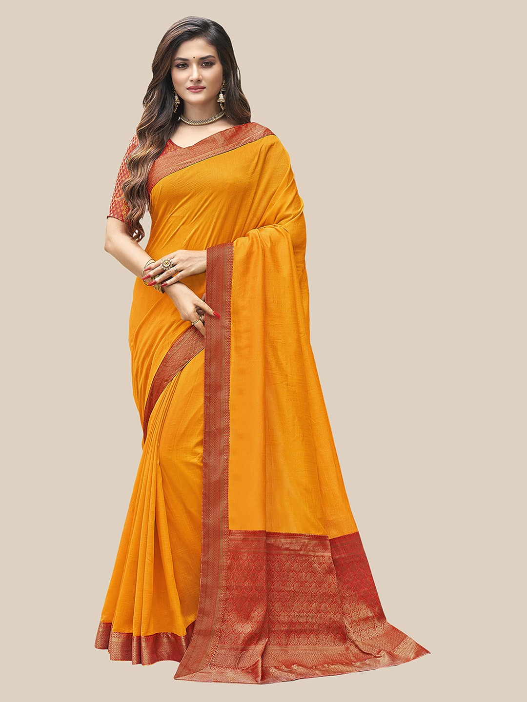 

UNITED LIBERTY Orange & Red Patchwork Art Silk Block Print Saree