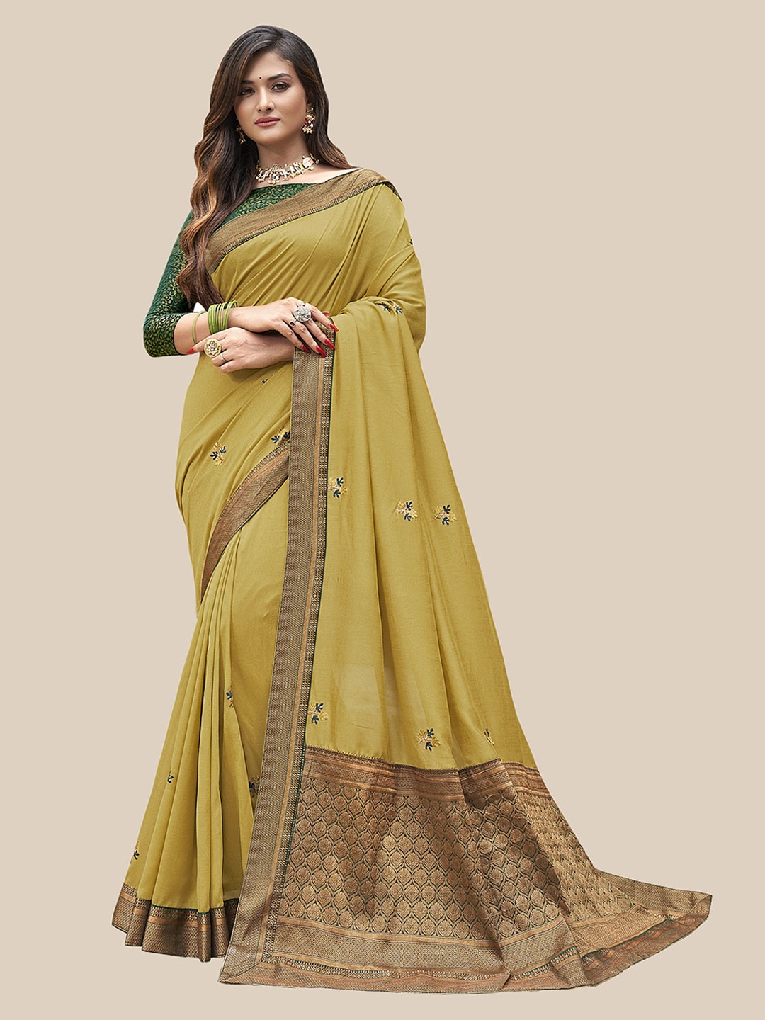 

UNITED LIBERTY Olive Green & Gold-Toned Floral Embroidered Art Silk Block Print Saree