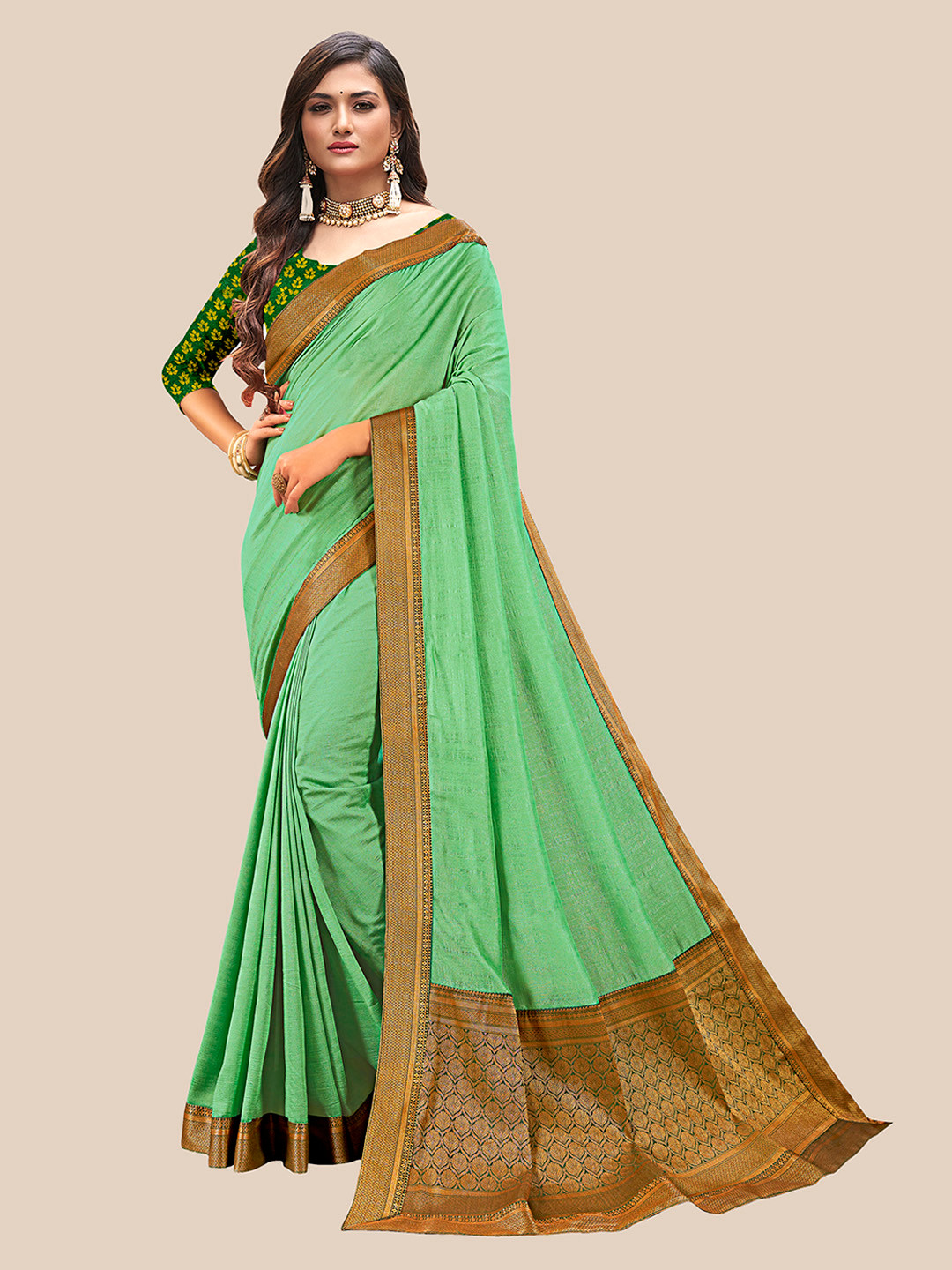 

UNITED LIBERTY Lime Green & Gold-Toned Art Silk Jacquard Saree