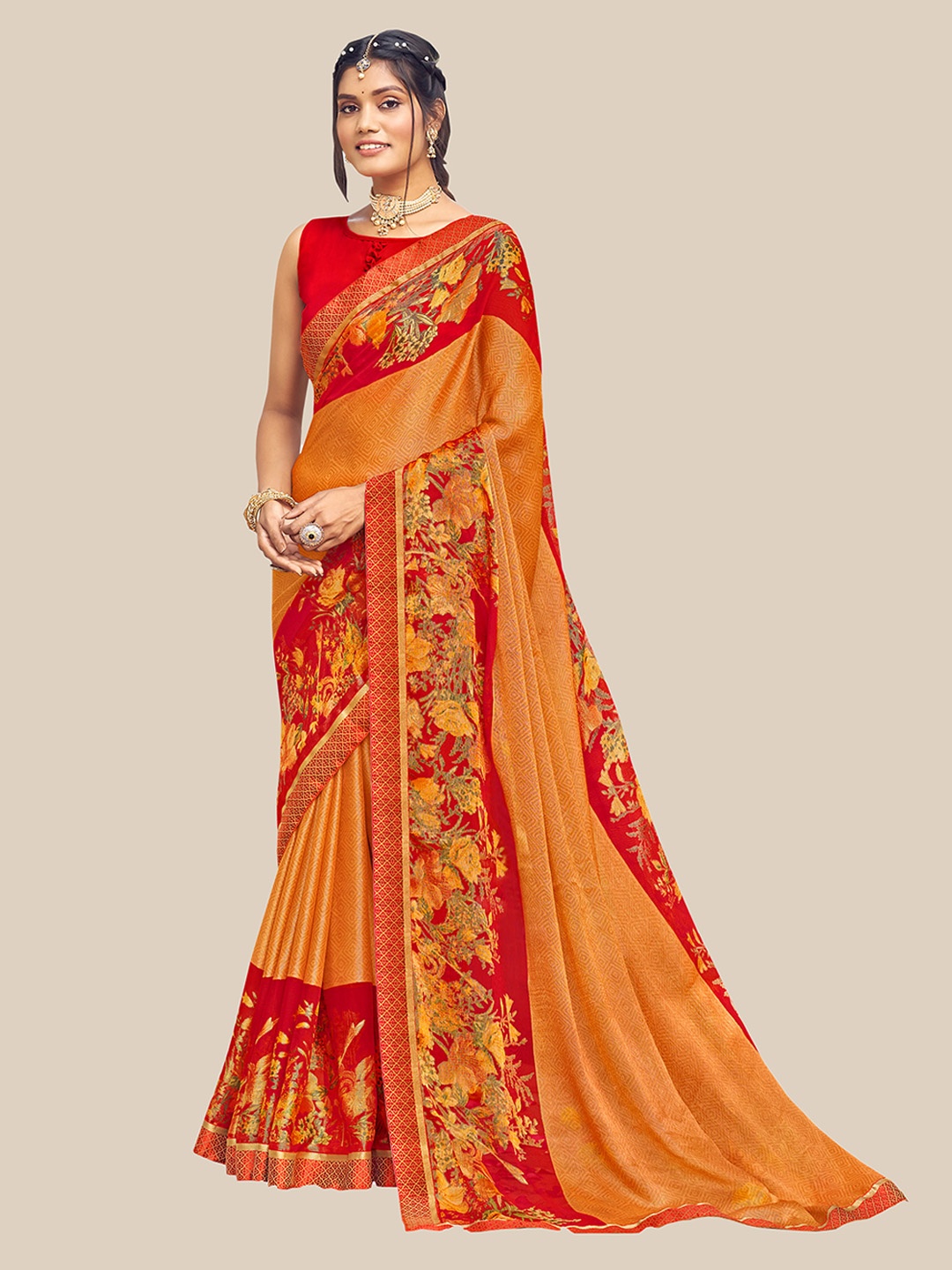 

UNITED LIBERTY Orange & Red Zari Brasso Block Print Saree