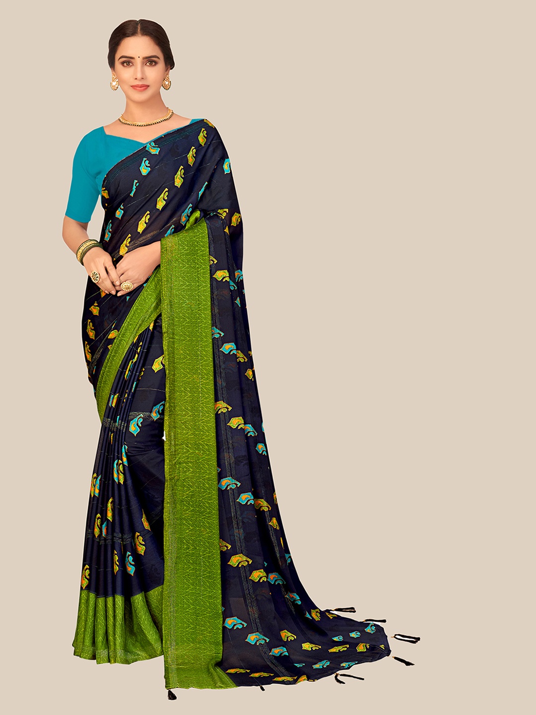 

UNITED LIBERTY Blue & Green Floral Zari Brasso Block Print Saree