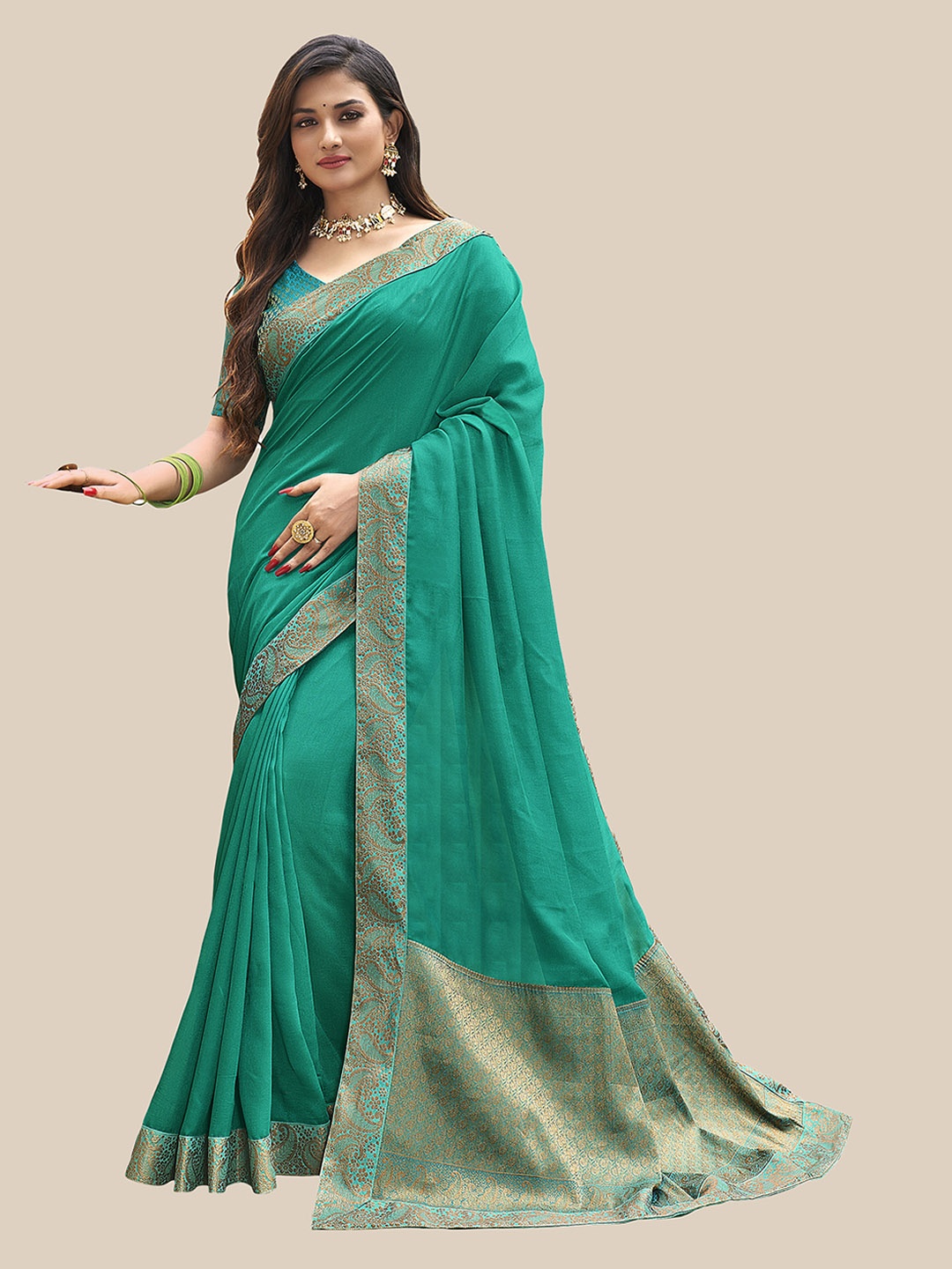 

UNITED LIBERTY Turquoise Blue & Golden Paisley Art Silk Saree