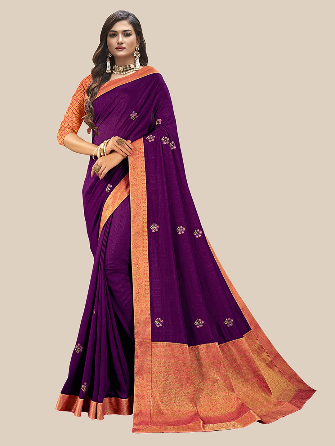 

UNITED LIBERTY Purple & Orange Floral Embroidered Art Silk Saree