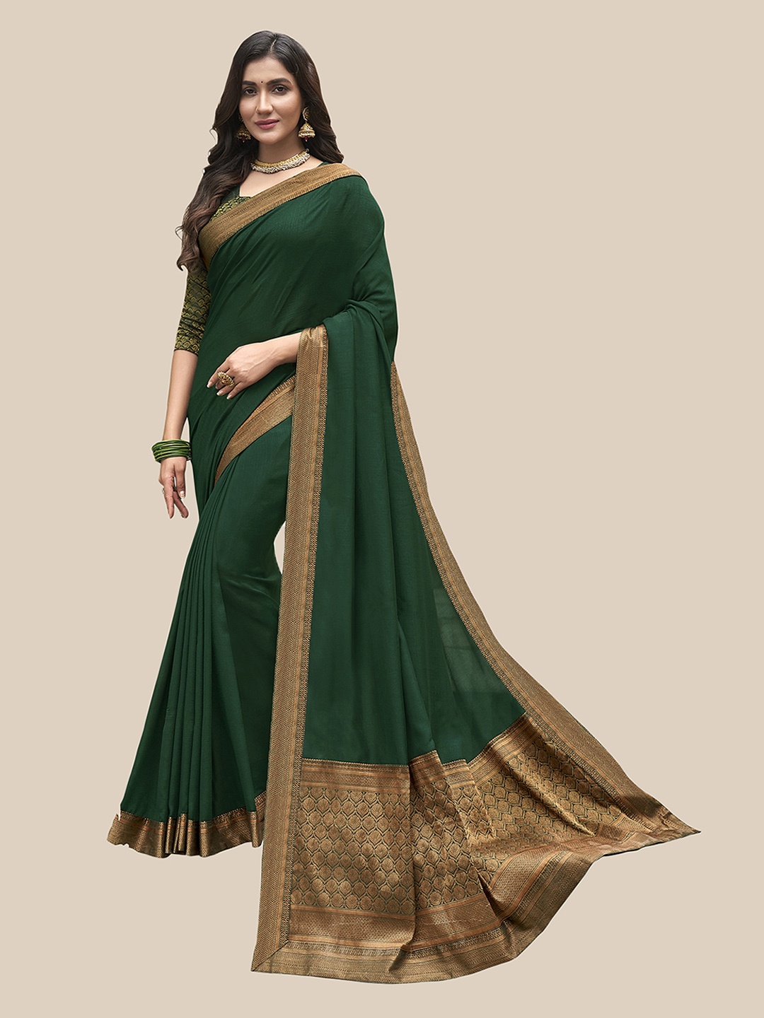 

UNITED LIBERTY Green & Gold-Toned Art Silk Block Print Saree