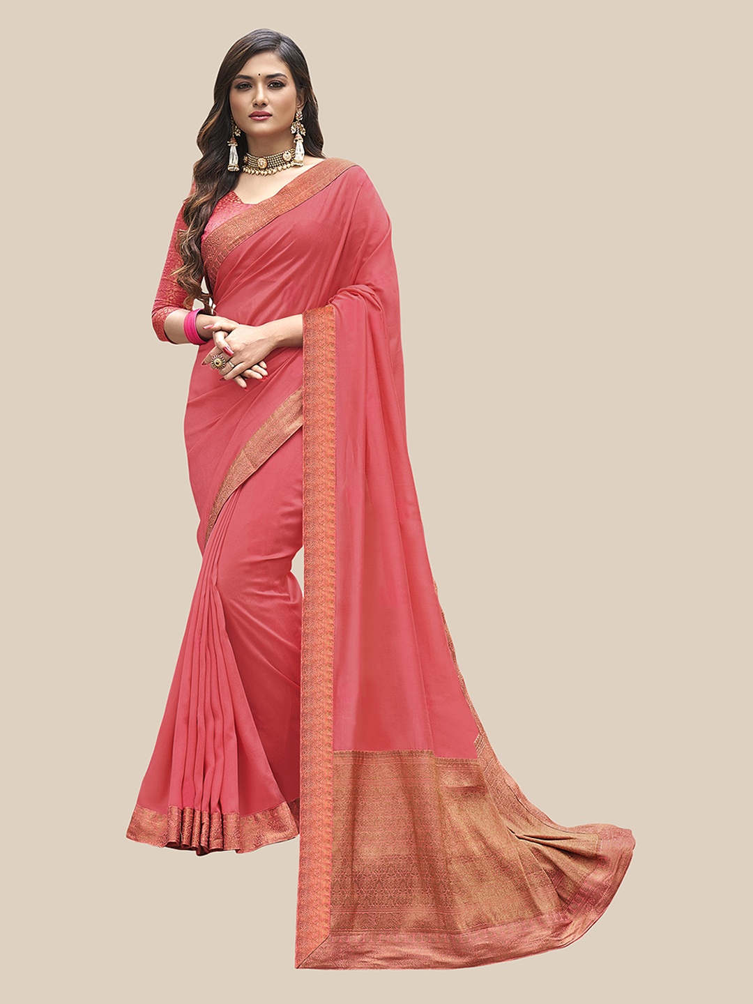 

UNITED LIBERTY Pink & Golden Zari Art Silk Banarasi Saree
