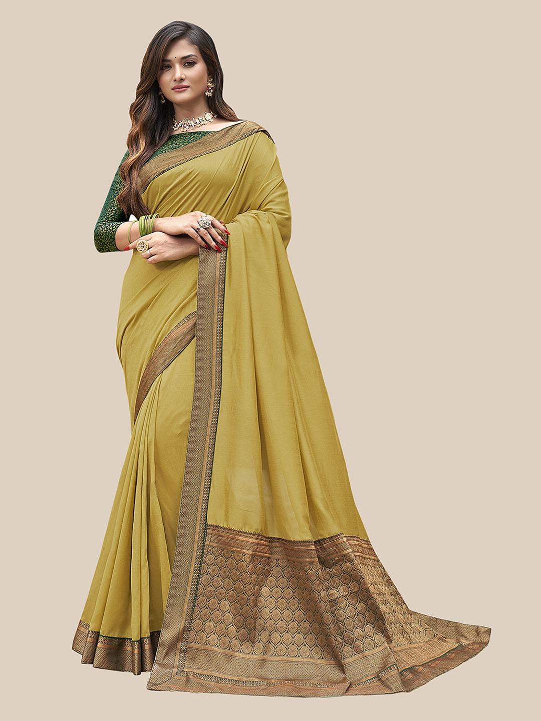 

UNITED LIBERTY Olive Green & Gold-Toned Patchwork Art Silk Block Print Saree