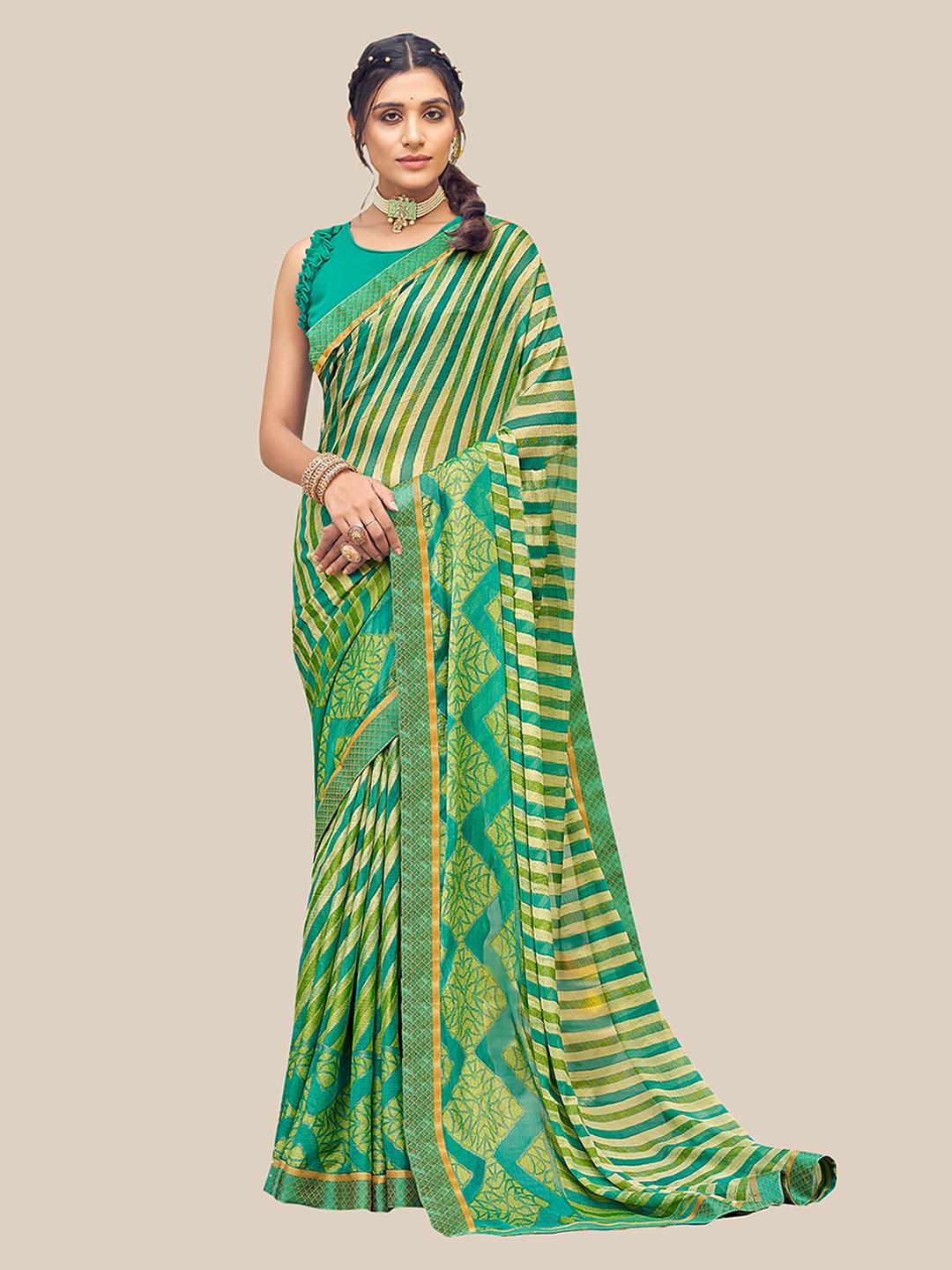 

UNITED LIBERTY Green & Yellow Floral Zari Brasso Saree