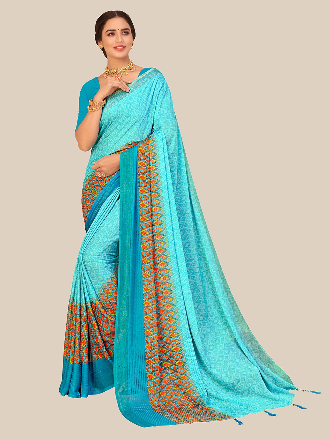 

UNITED LIBERTY Blue & Red Zari Brasso Block Print Saree