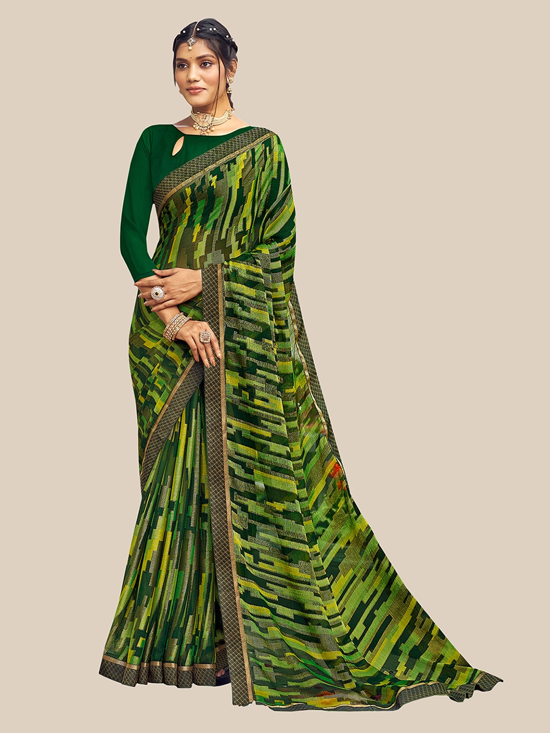 

UNITED LIBERTY Green Zari Brasso Block Print Saree