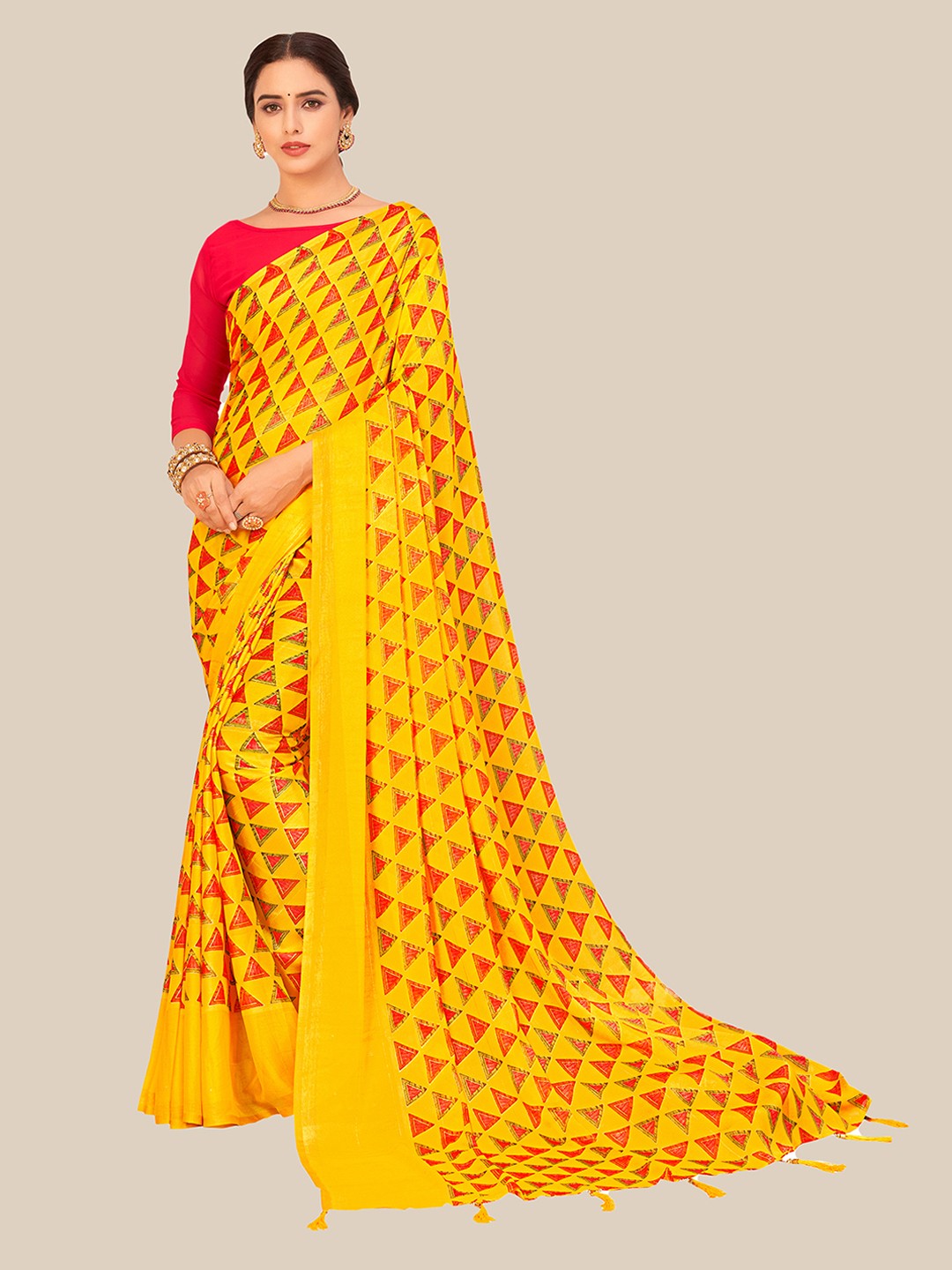 

UNITED LIBERTY Yellow & Red Floral Brasso Block Print Saree