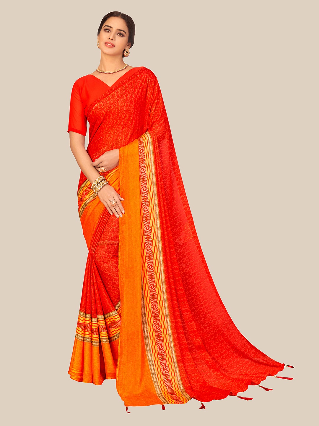

UNITED LIBERTY Red & Yellow Geometric Printed Zari Brasso Block Print Saree