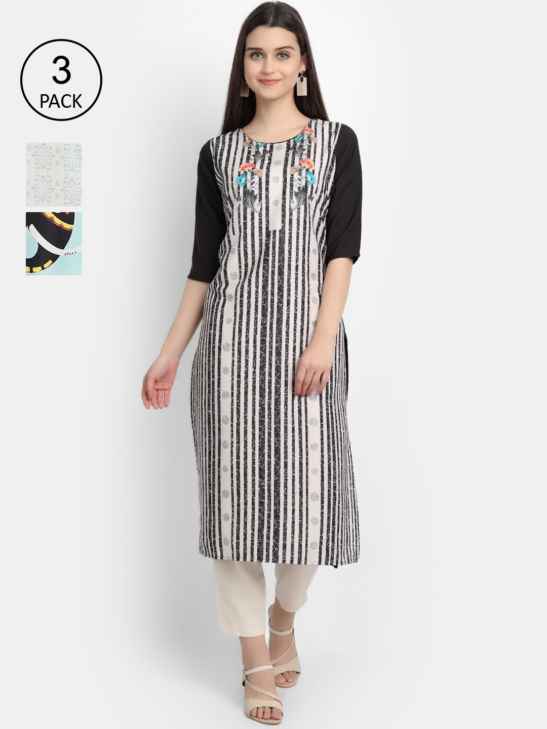 

Ethnic basket Women Pack Of 3 Printed Crepe Kurta, Black